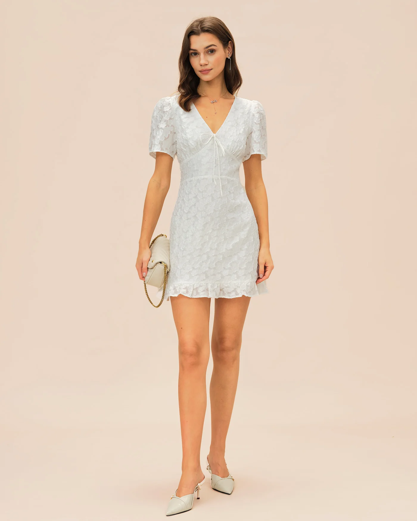 White V Neck Jacquard Mini Dress - Image 7