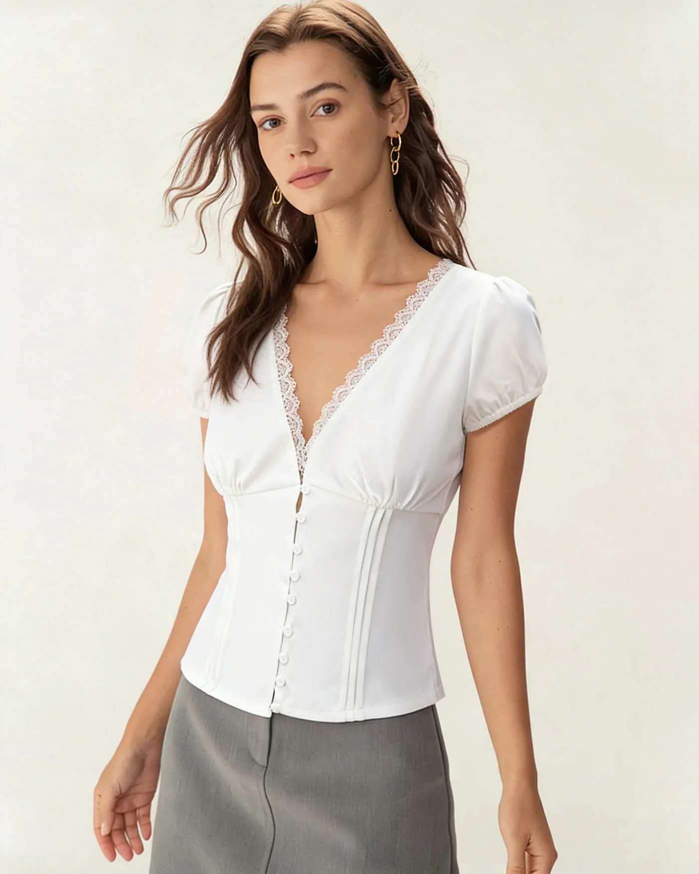 White V Neck Lace Splicing Tee - Image 3