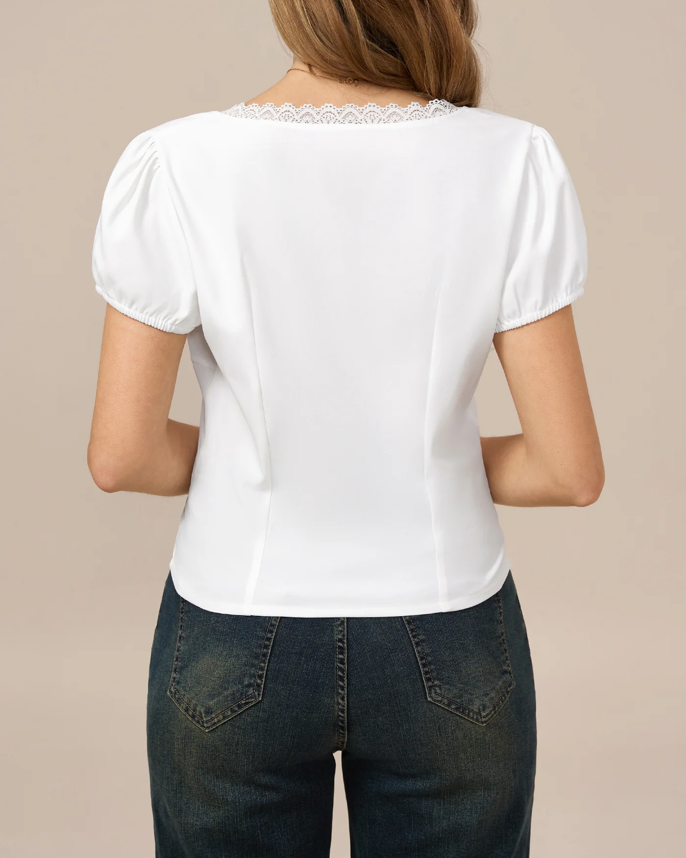 White V Neck Lace Splicing Tee - Image 5