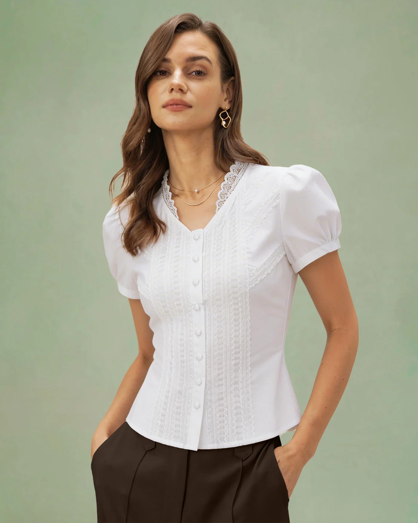 White V Neck Puffed Sleeve Tee - Image 2