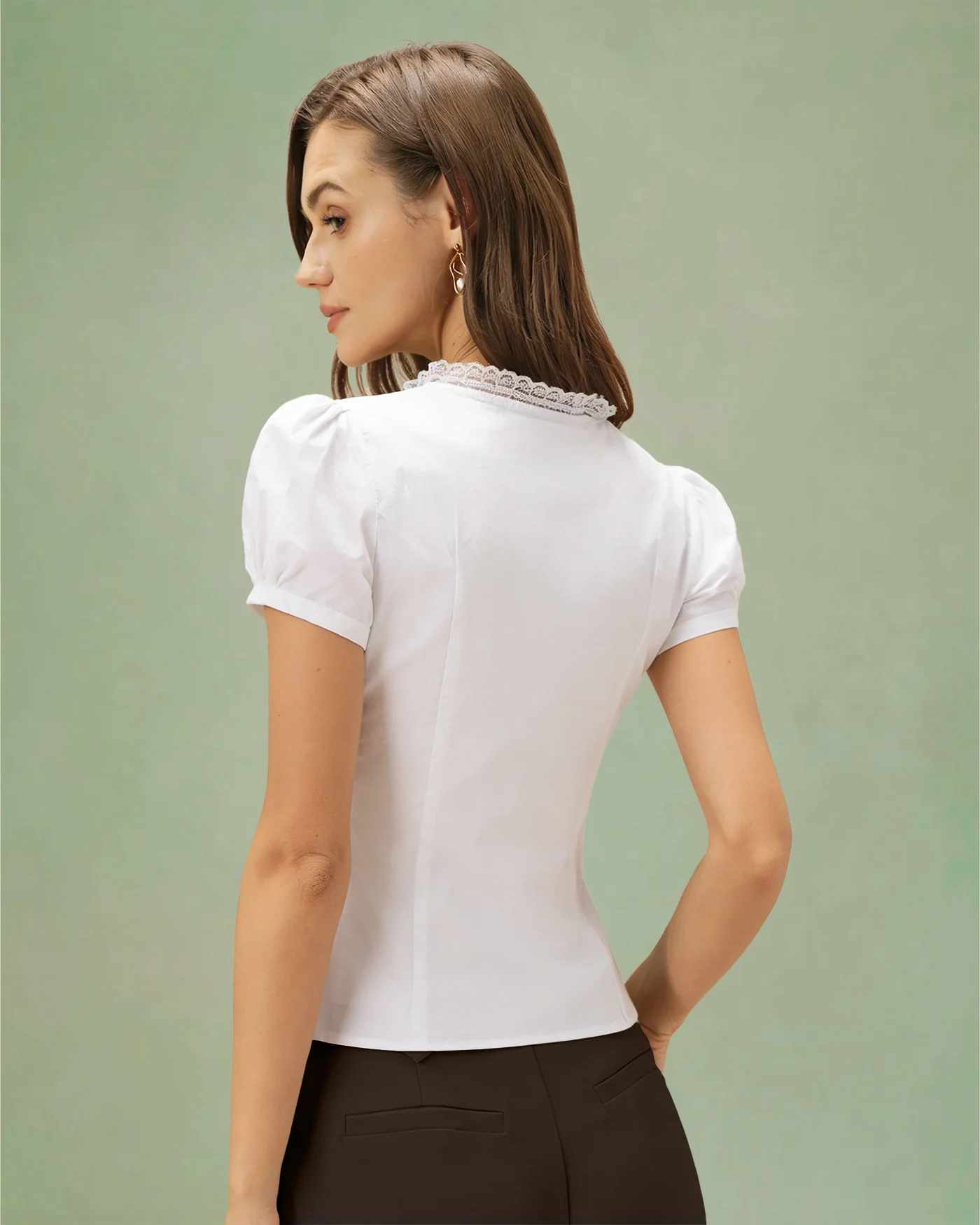 White V Neck Puffed Sleeve Tee - Image 3