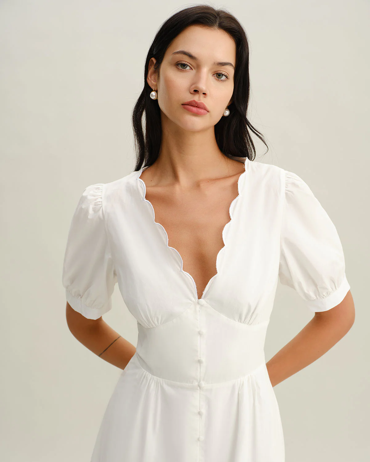White V-Neck Ruched Mini Dress - Image 2
