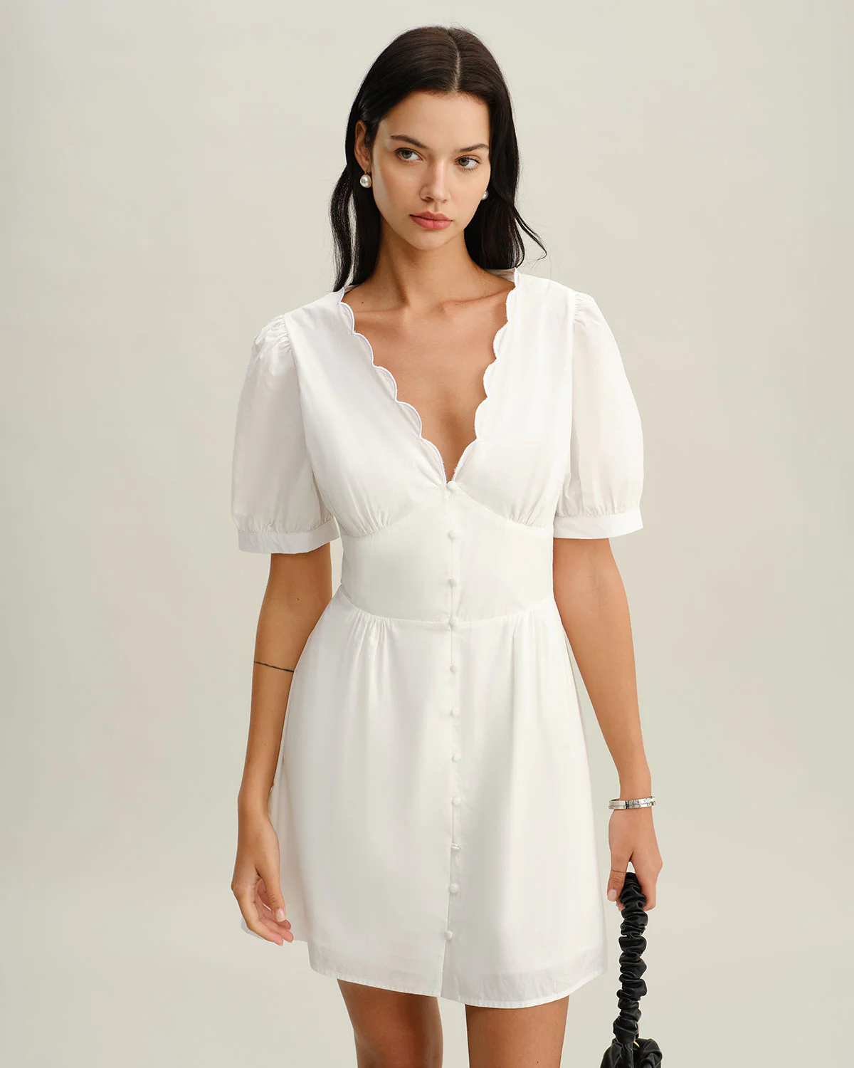 White V-Neck Ruched Mini Dress - Image 3