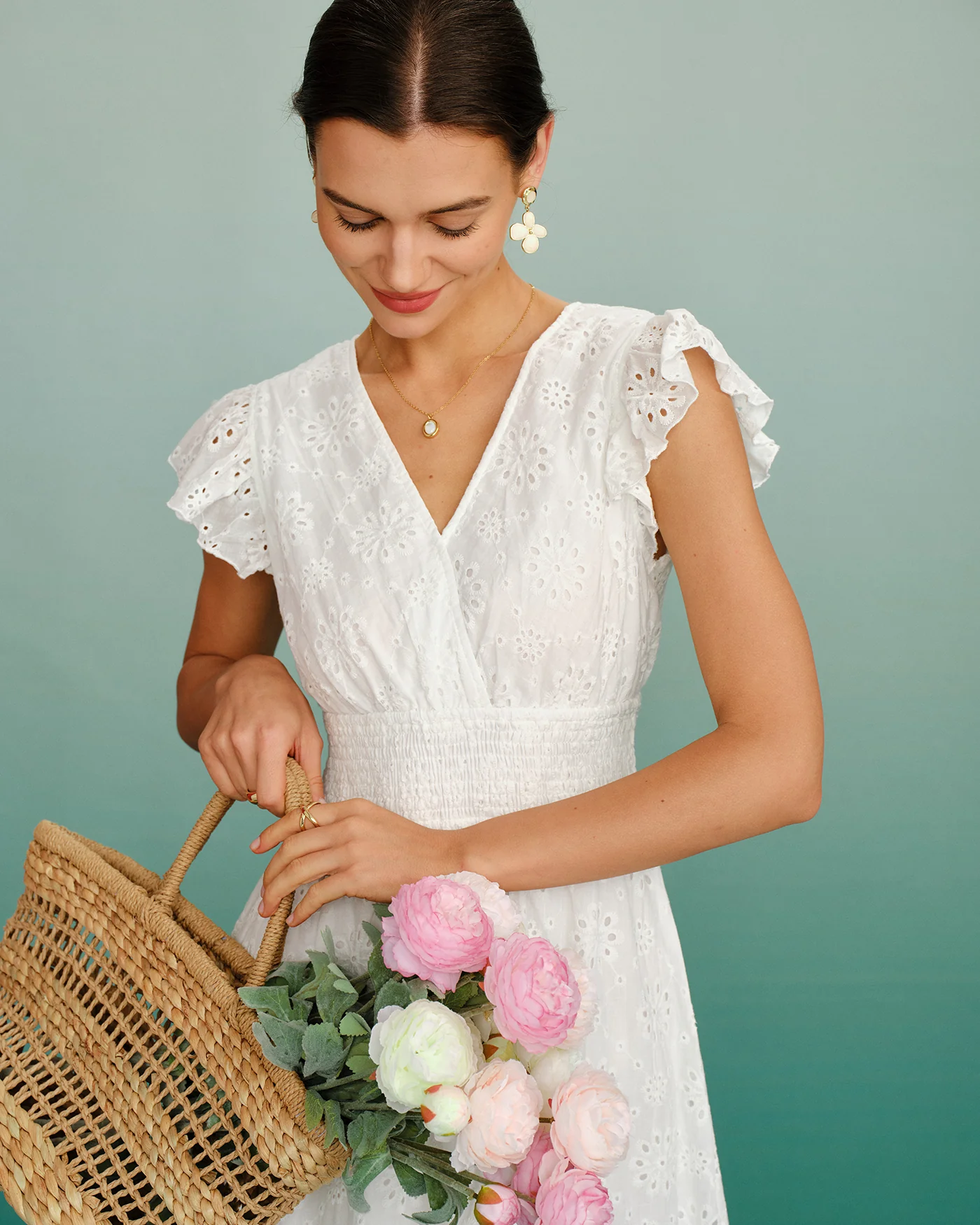 White V Neck Shirred Midi Dress - Image 2