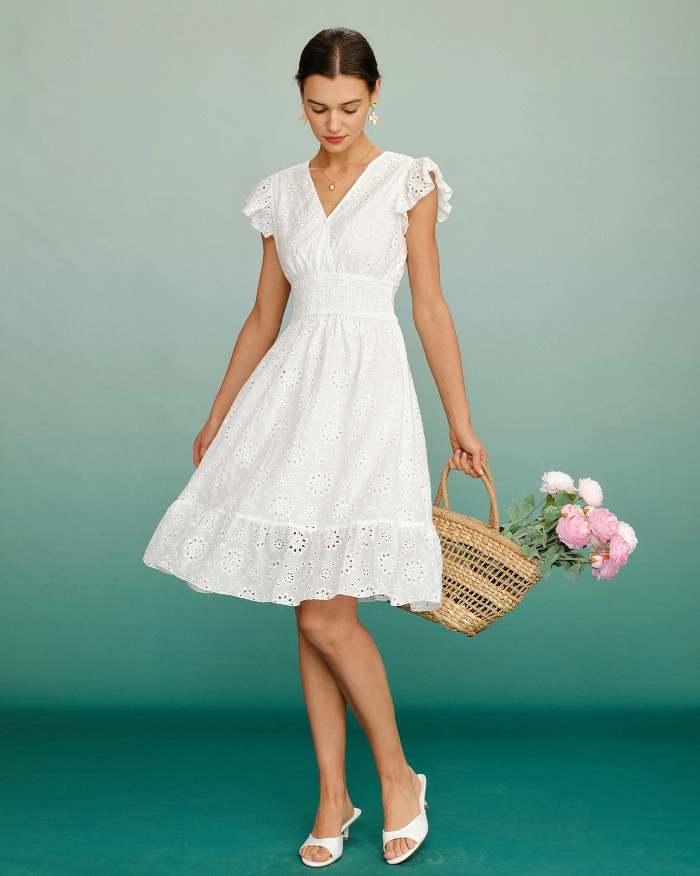 White V Neck Shirred Midi Dress - Image 4