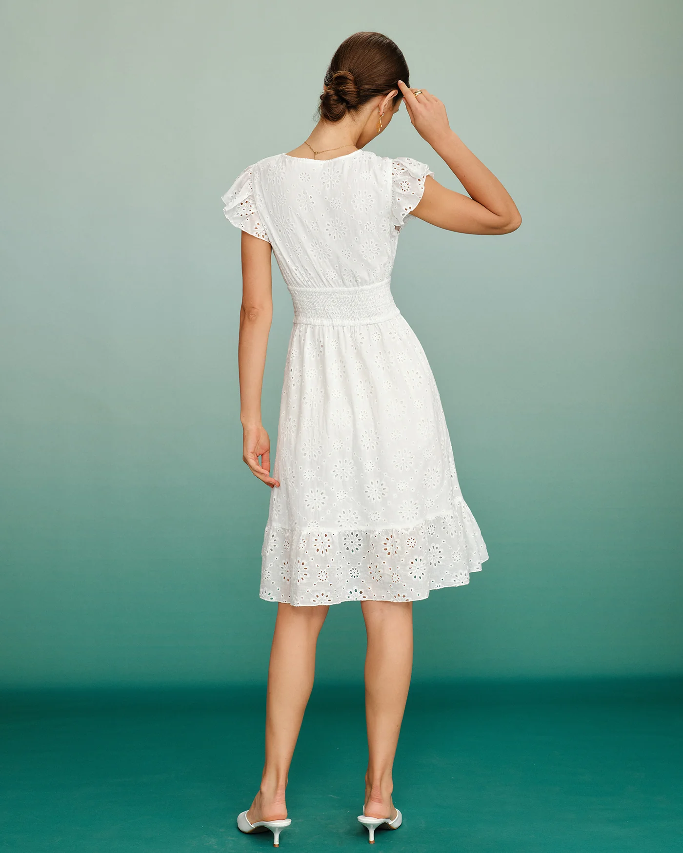 White V Neck Shirred Midi Dress - Image 5