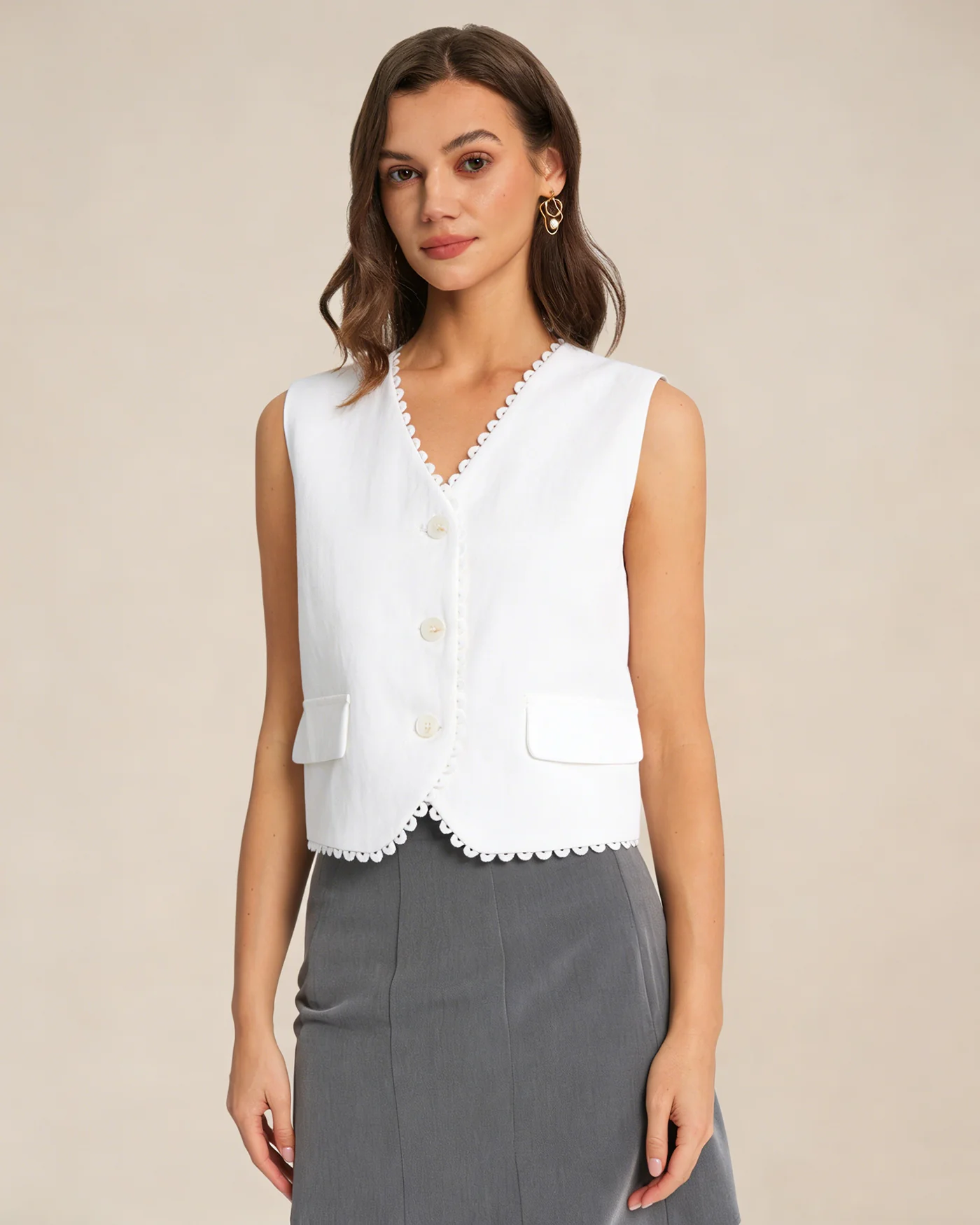 White V Neck Single Breasted Vest - Image 2