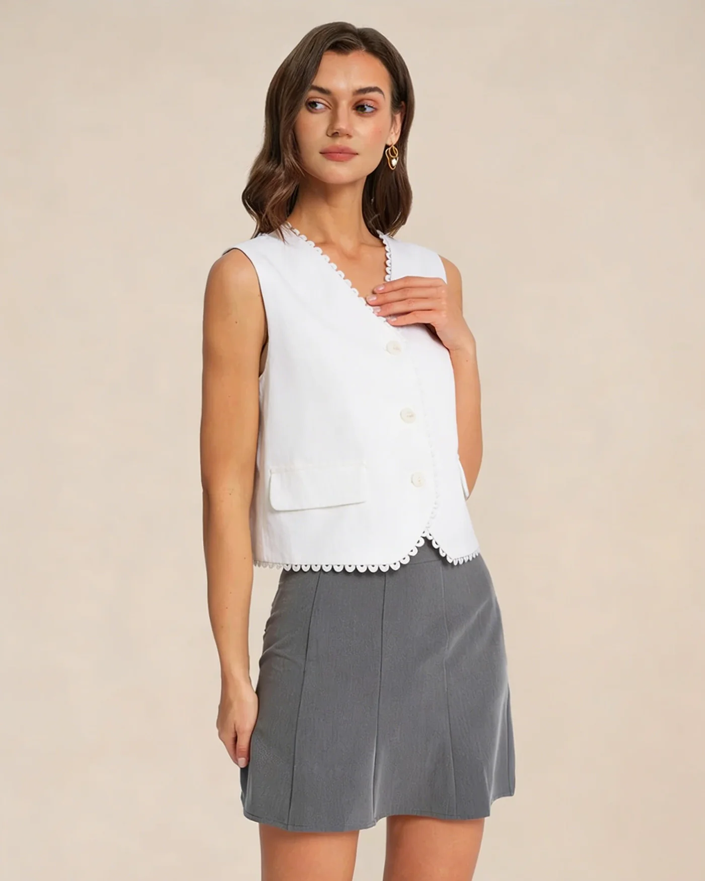 White V Neck Single Breasted Vest - Image 3