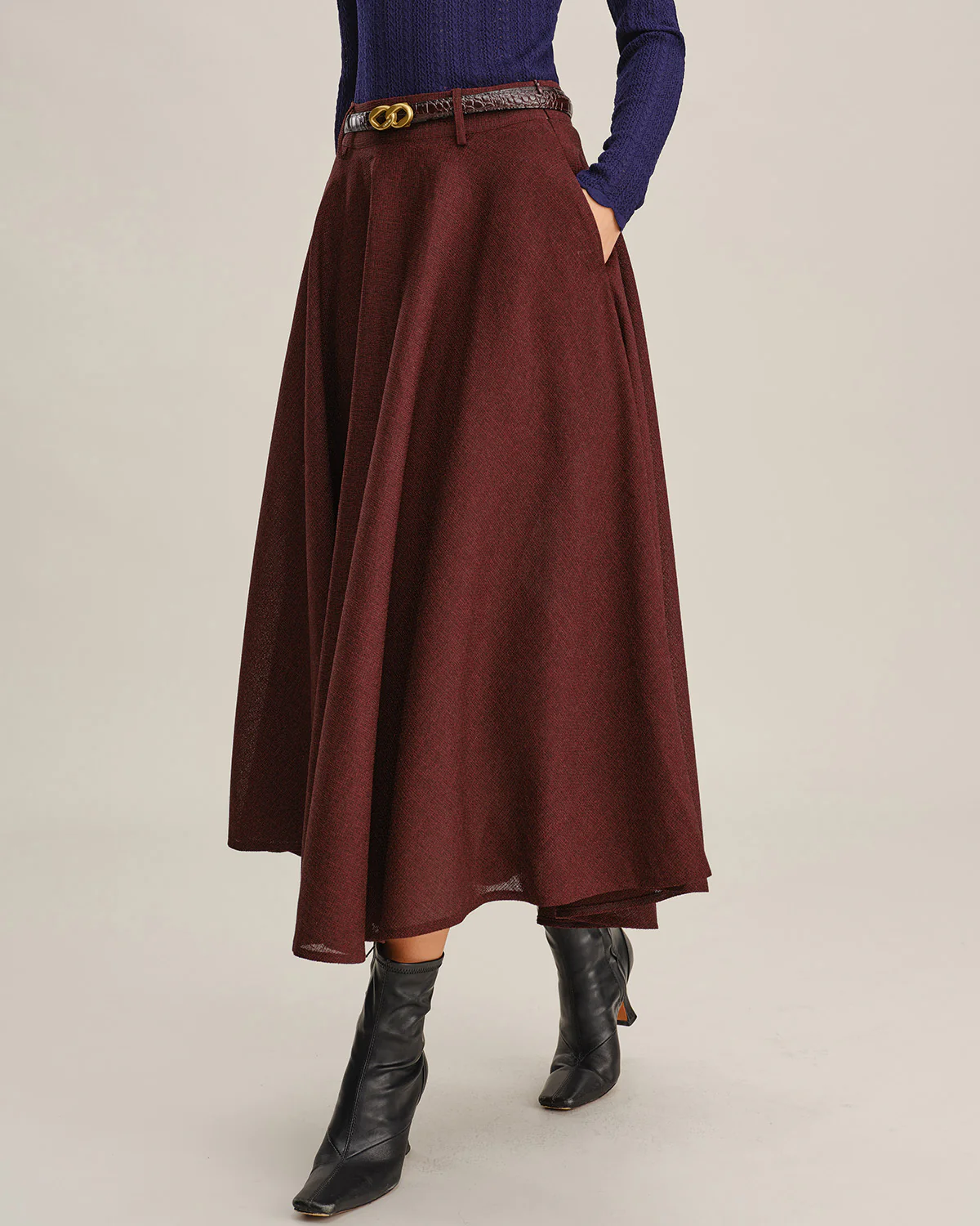 Wine Red A-Line Pocket Midi Skirt - Image 2