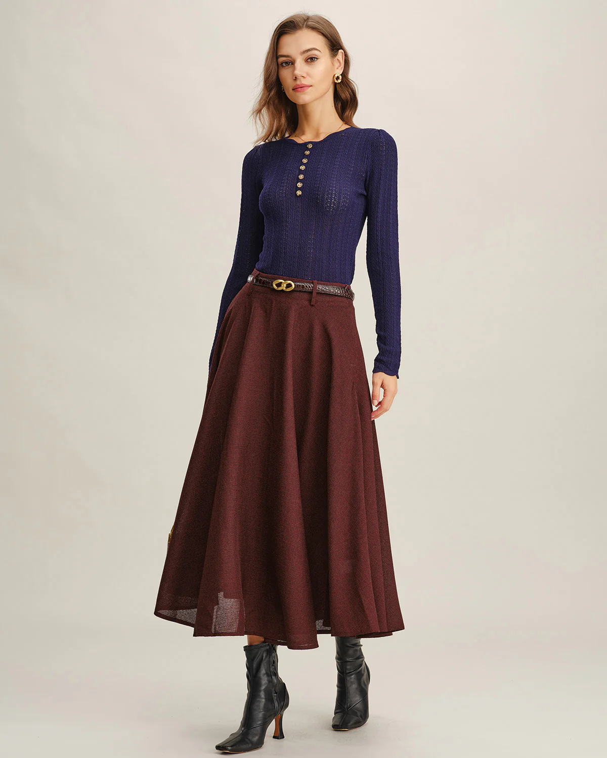 Wine Red A-Line Pocket Midi Skirt - Image 3