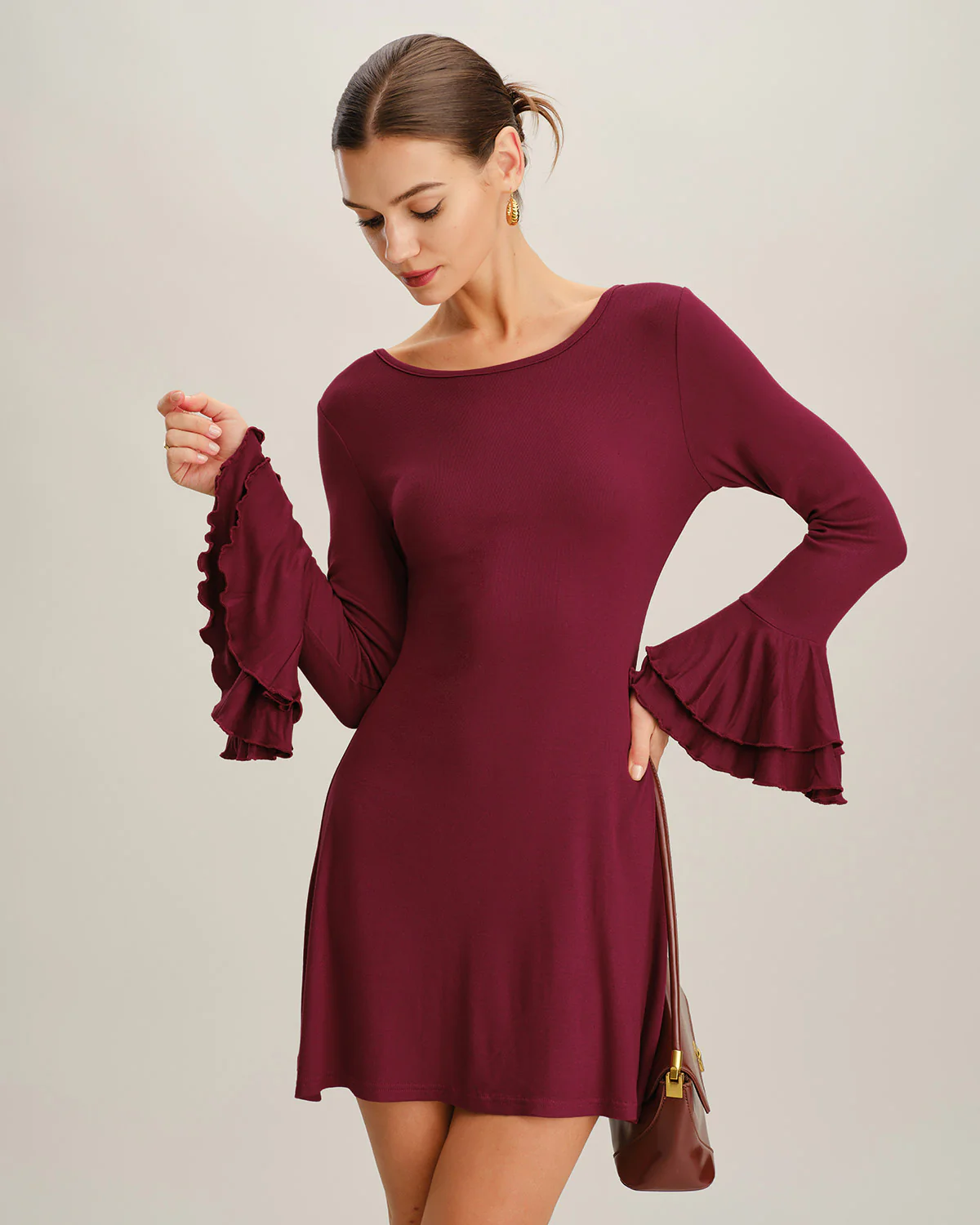 Wine Red A-Line Ruffle Mini Dress - Image 3