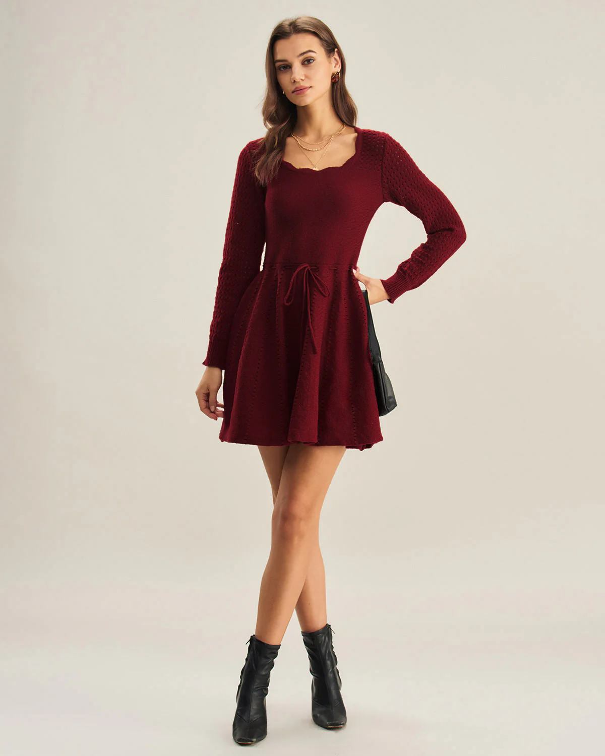 Wine Red A-Line Sweater Dress - Image 4