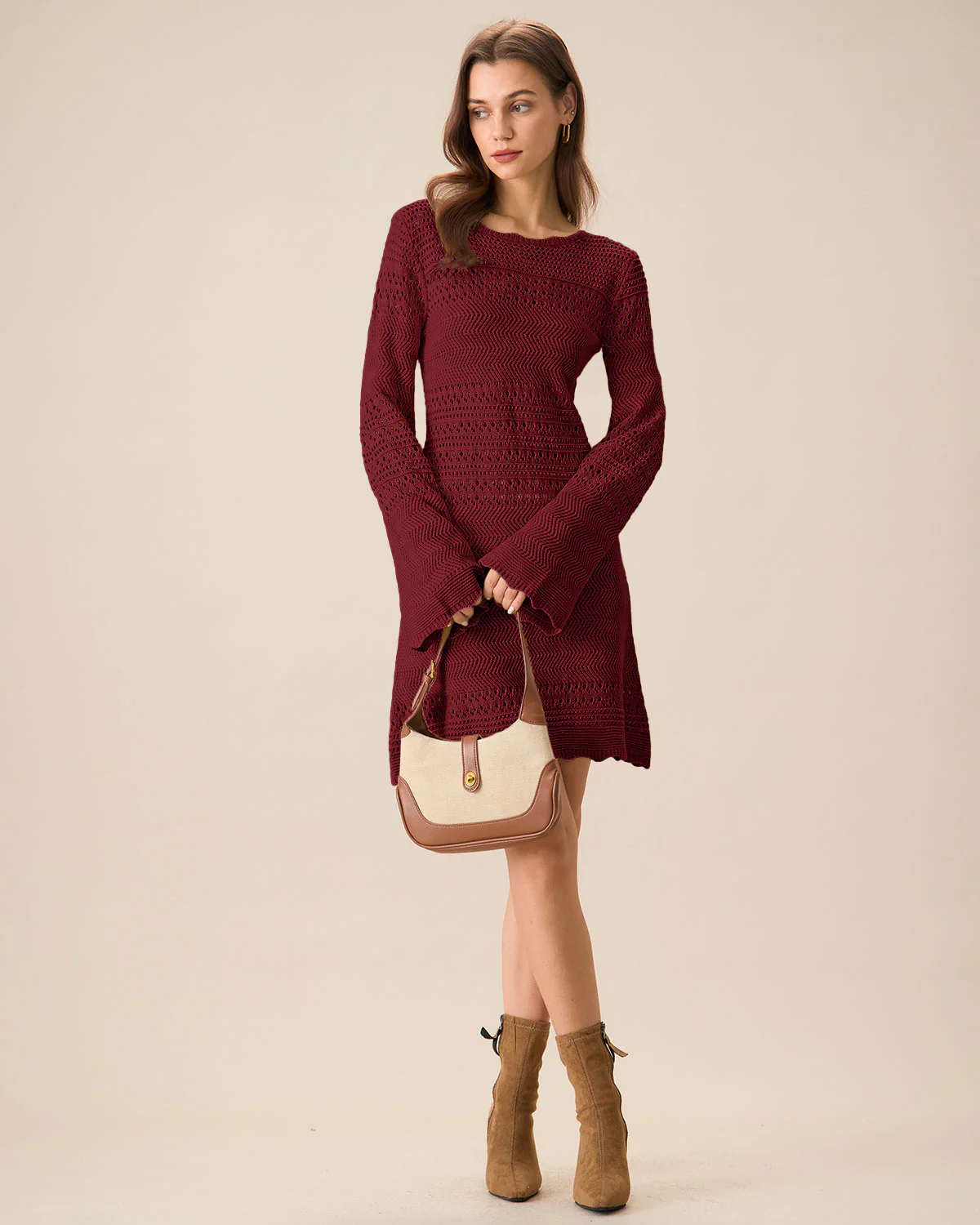 Wine Red Bell Sleeve A-Line Sweater Dress - Image 3