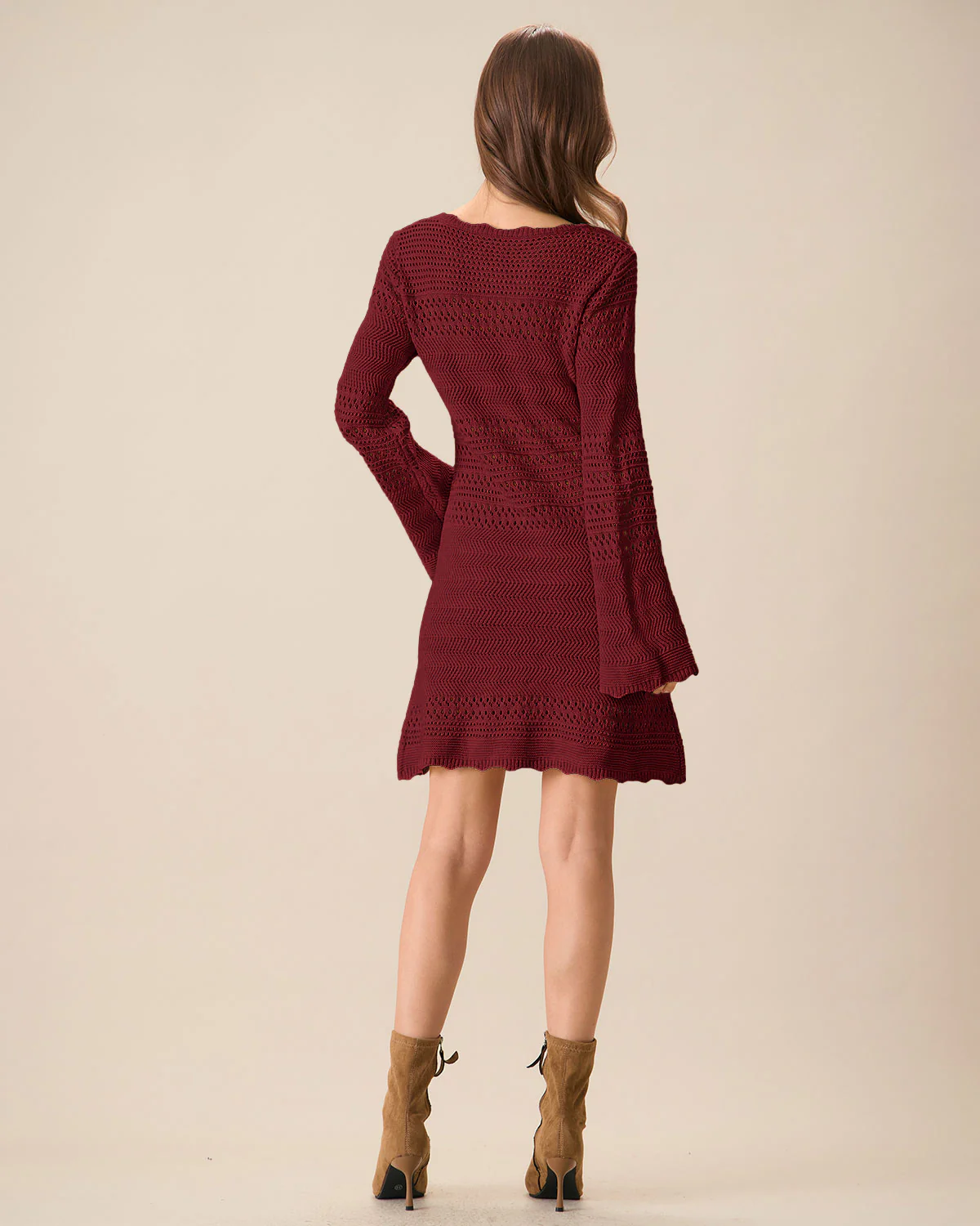 Wine Red Bell Sleeve A-Line Sweater Dress - Image 4