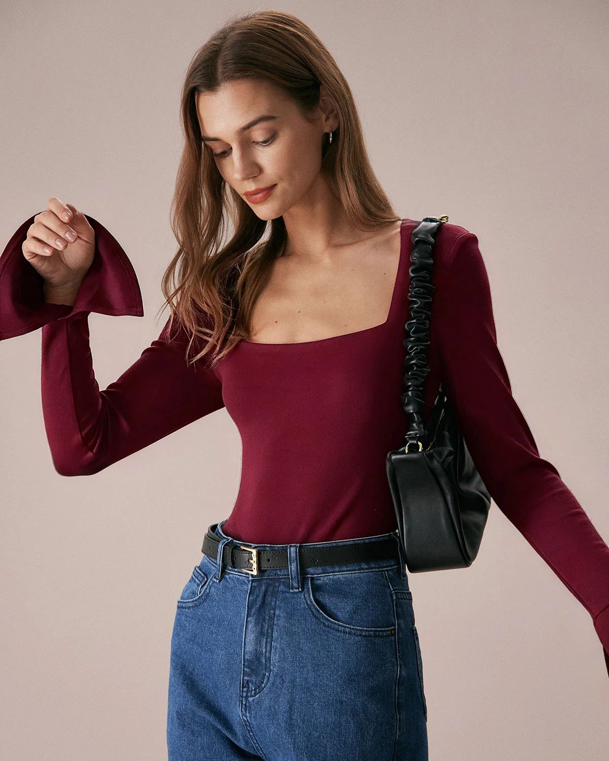 Wine Red Bell Sleeve Knit Tee - Image 3