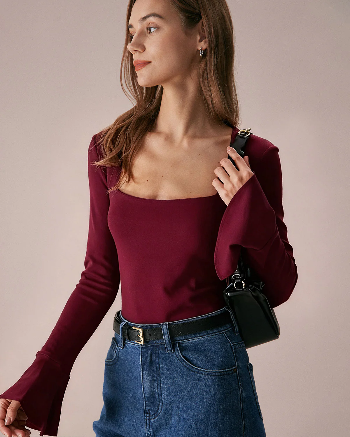 Wine Red Bell Sleeve Knit Tee - Image 4