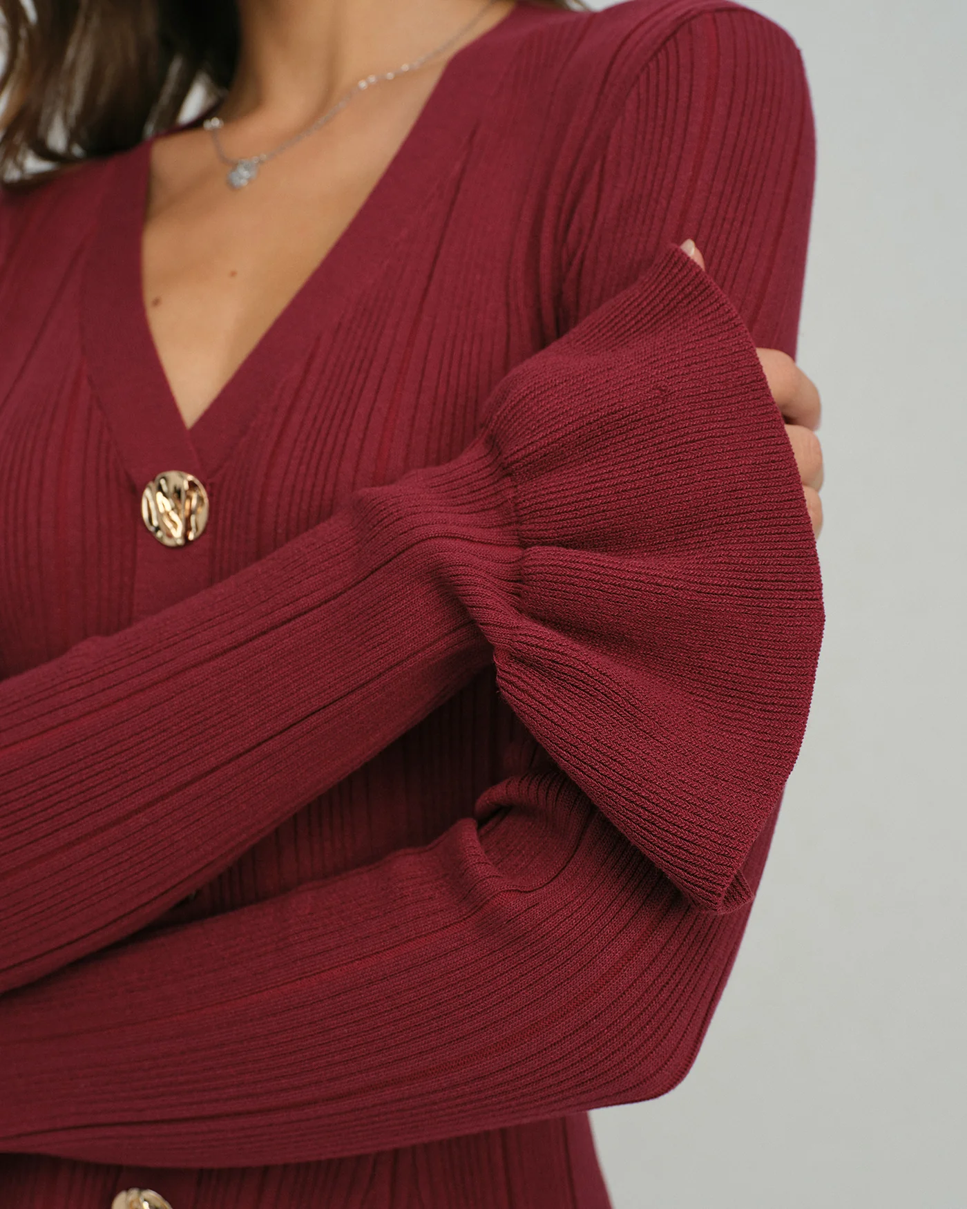 Wine Red Bell Sleeve V Neck Sweater Dress - Image 2