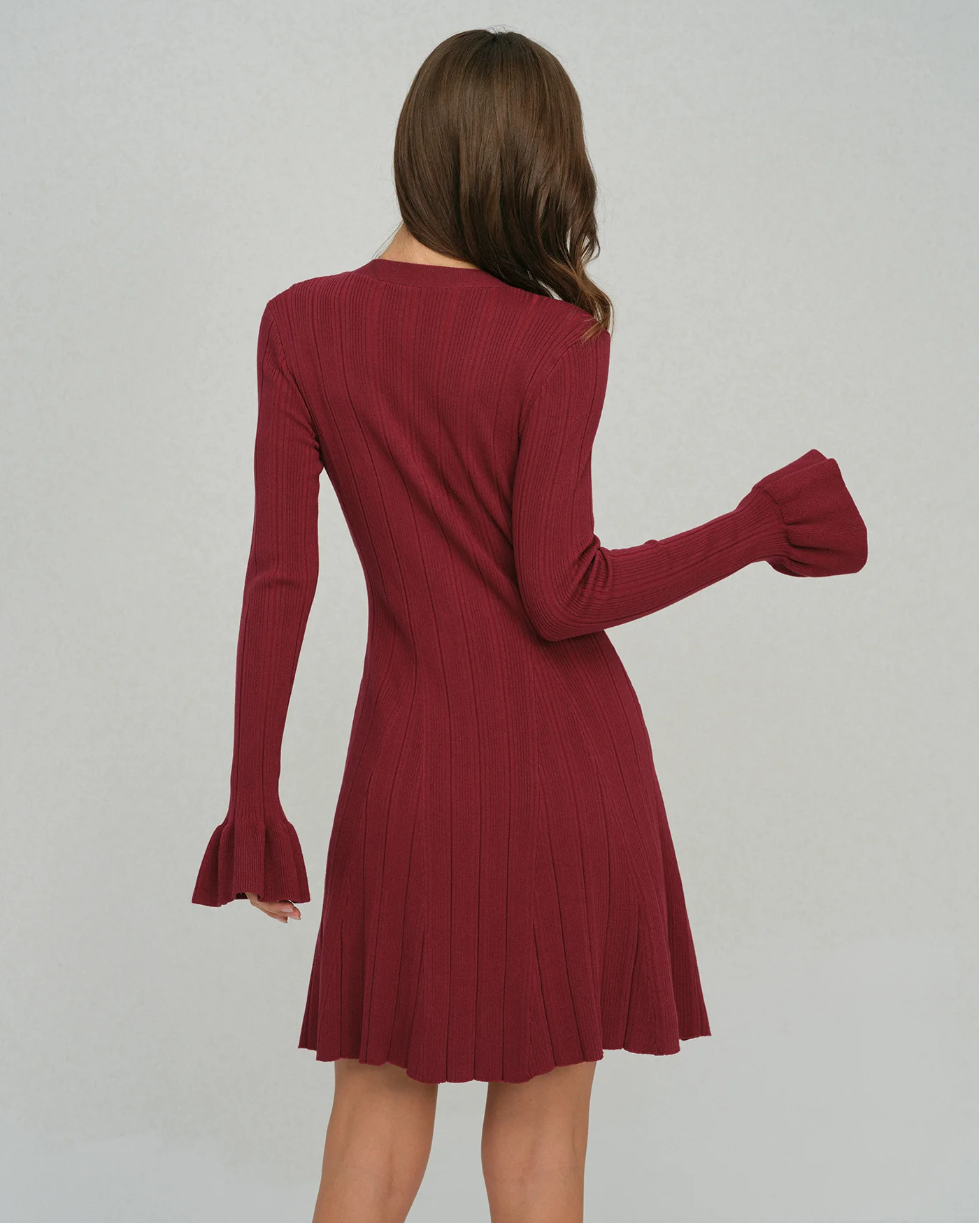 Wine Red Bell Sleeve V Neck Sweater Dress - Image 3