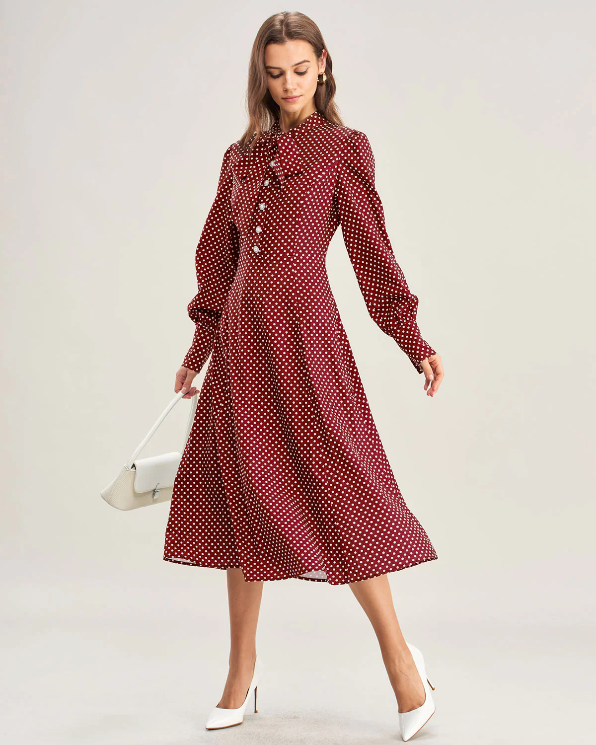 Wine Red Bishop Sleeve Polka Dot Midi Dress - Image 3