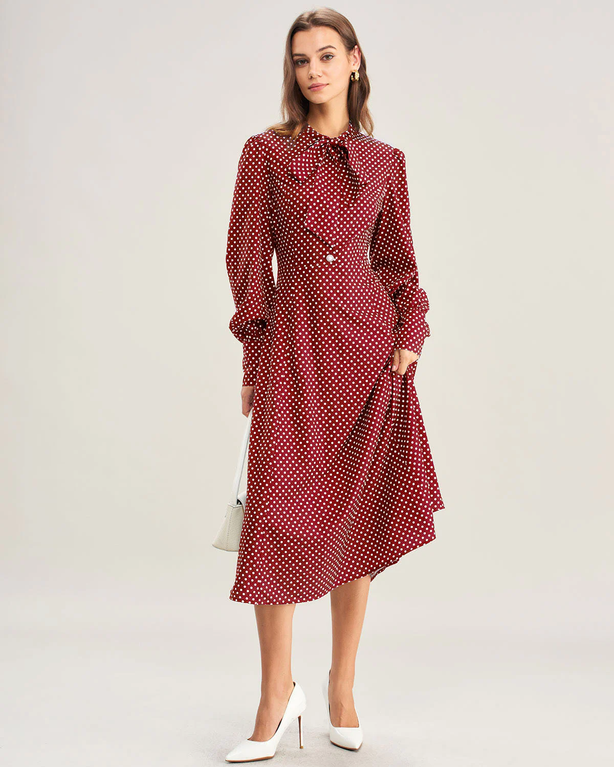 Wine Red Bishop Sleeve Polka Dot Midi Dress - Image 4