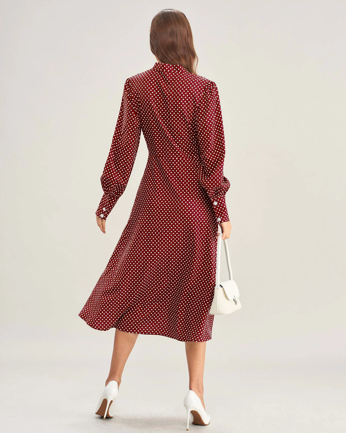 Wine Red Bishop Sleeve Polka Dot Midi Dress - Image 5