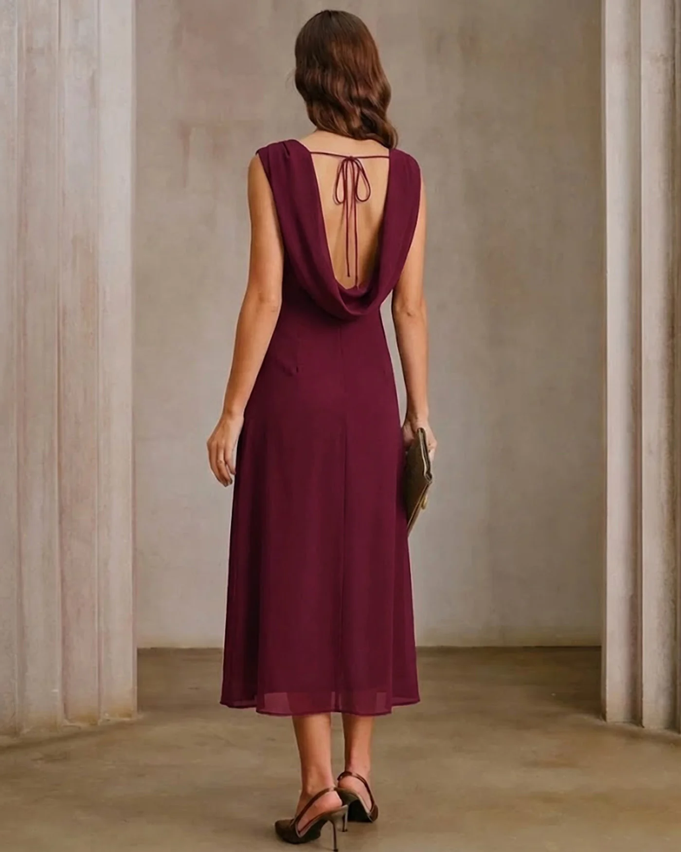 Wine Red Boat Neck Backless Midi Dress - Image 2