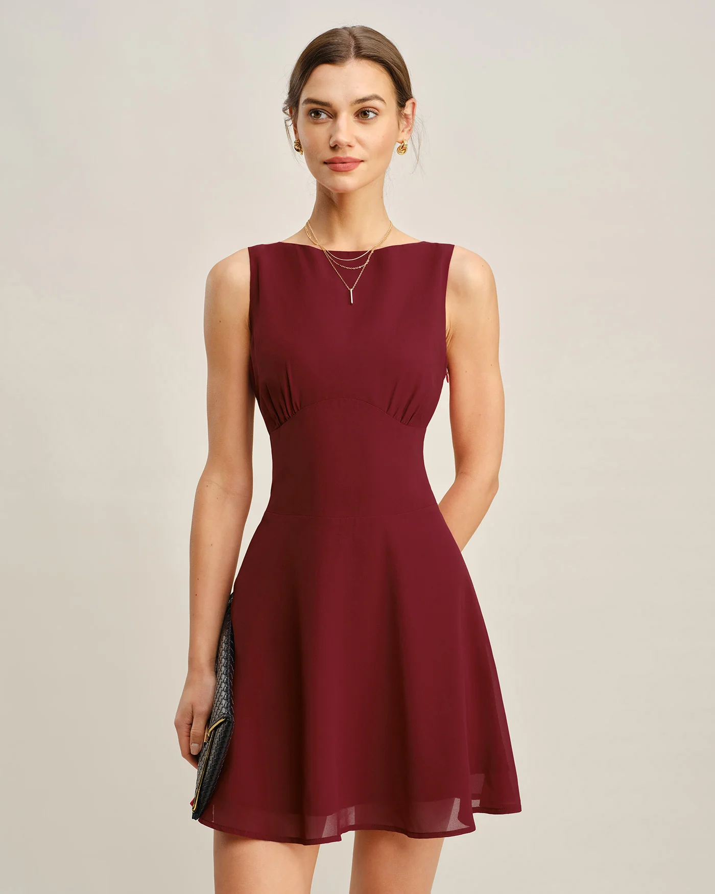 Wine Red Boat Neck Pleated Mini Dress - Image 3