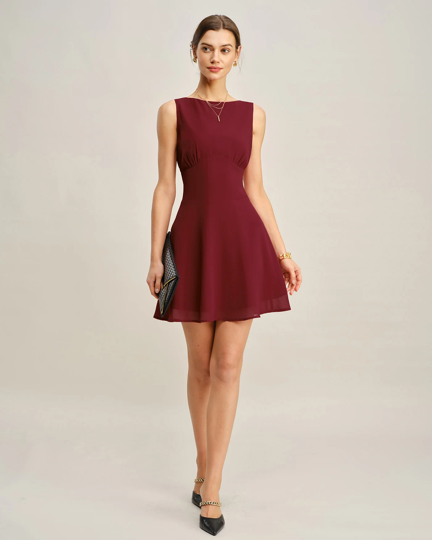 Wine Red Boat Neck Pleated Mini Dress - Image 5