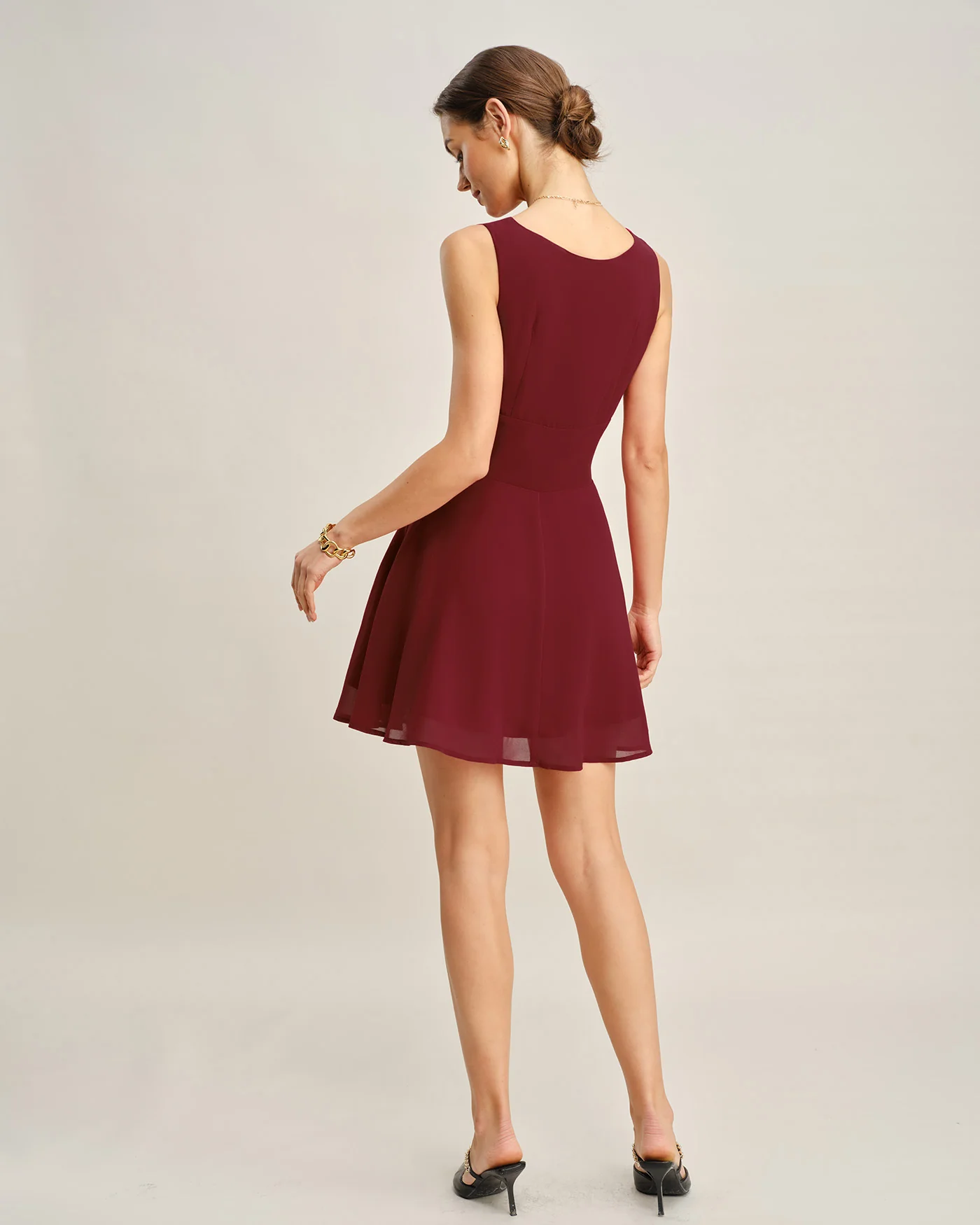 Wine Red Boat Neck Pleated Mini Dress - Image 6