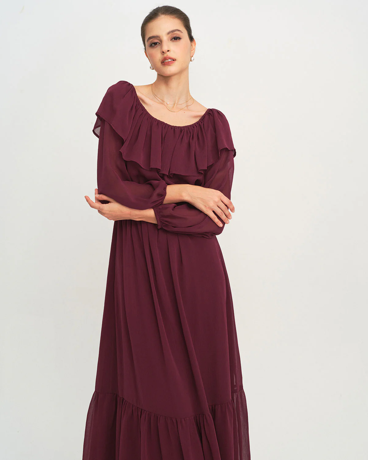 Wine Red Boat Neck Ruffle Maxi Dress - Image 3