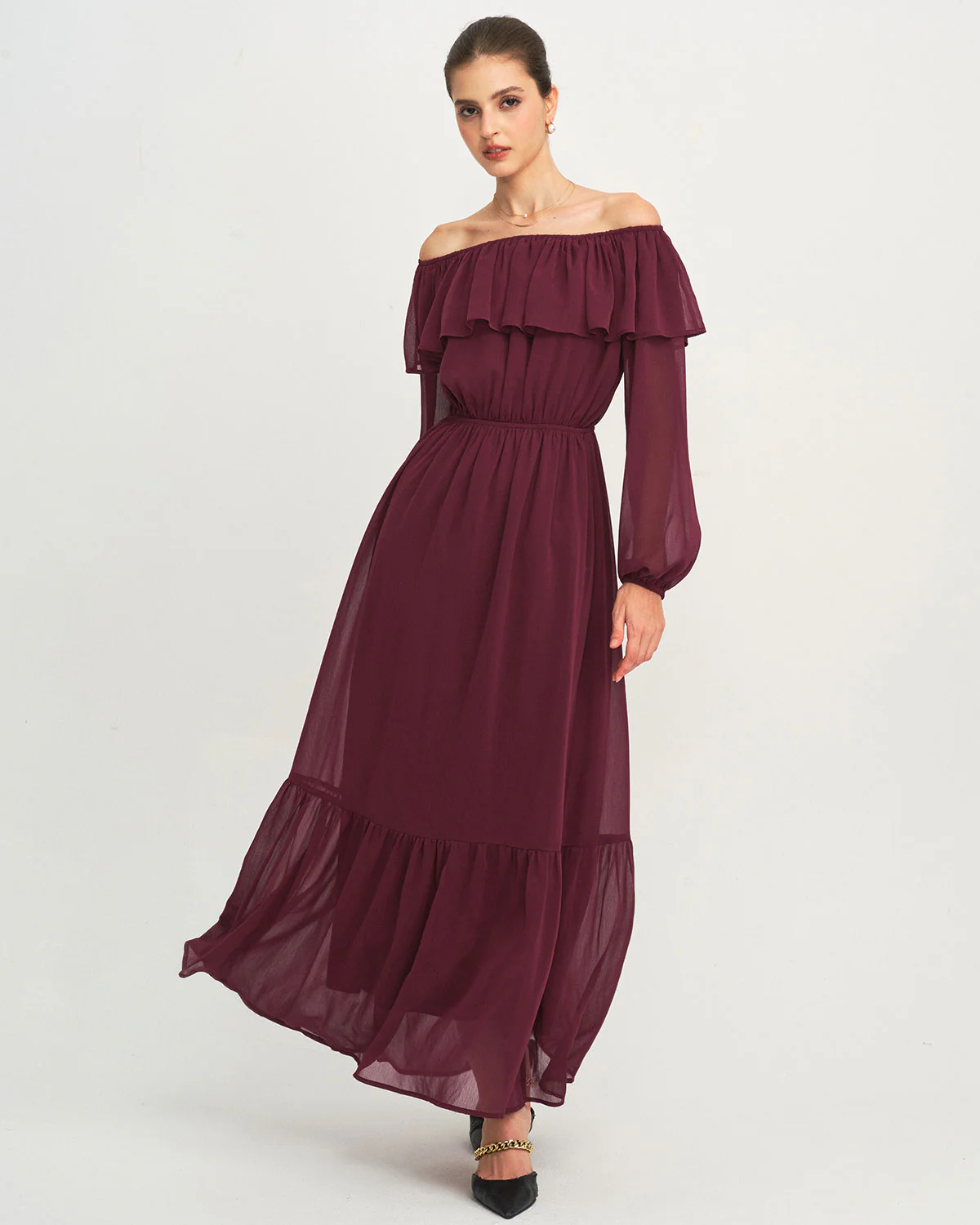 Wine Red Boat Neck Ruffle Maxi Dress - Image 4