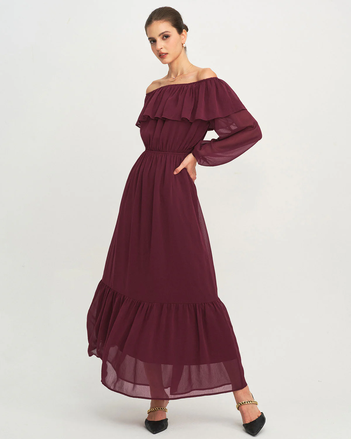 Wine Red Boat Neck Ruffle Maxi Dress - Image 5