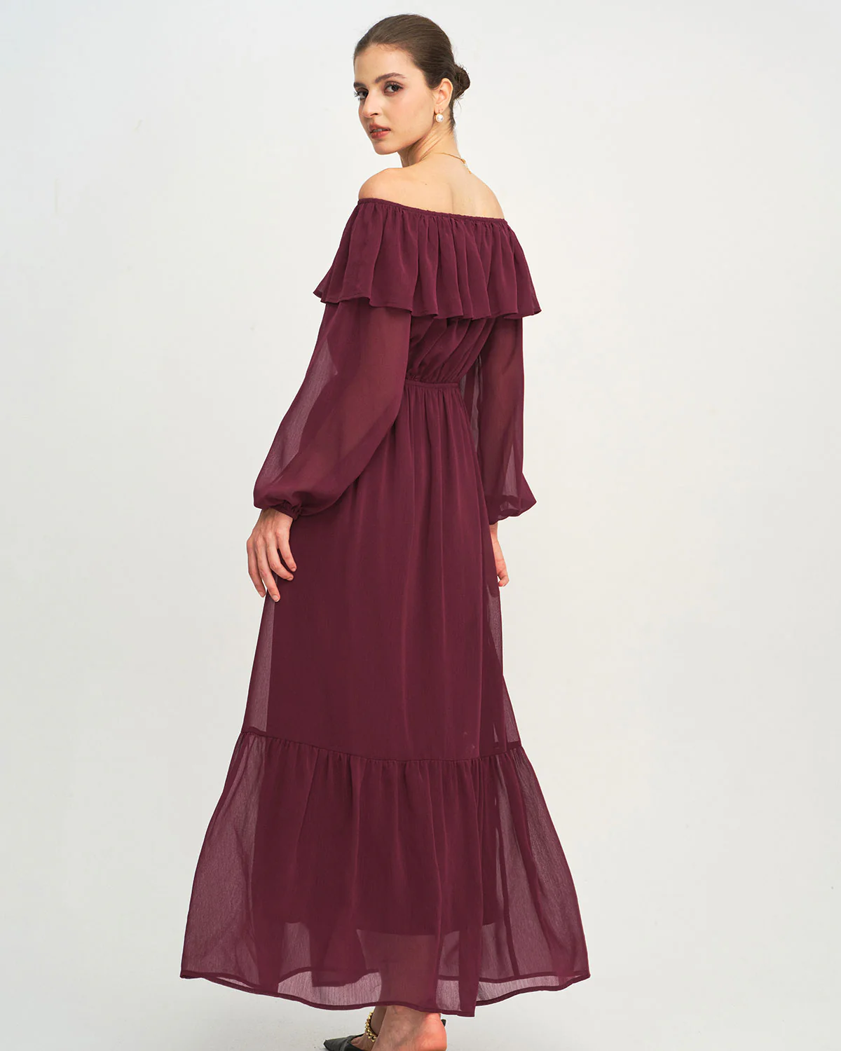 Wine Red Boat Neck Ruffle Maxi Dress - Image 6