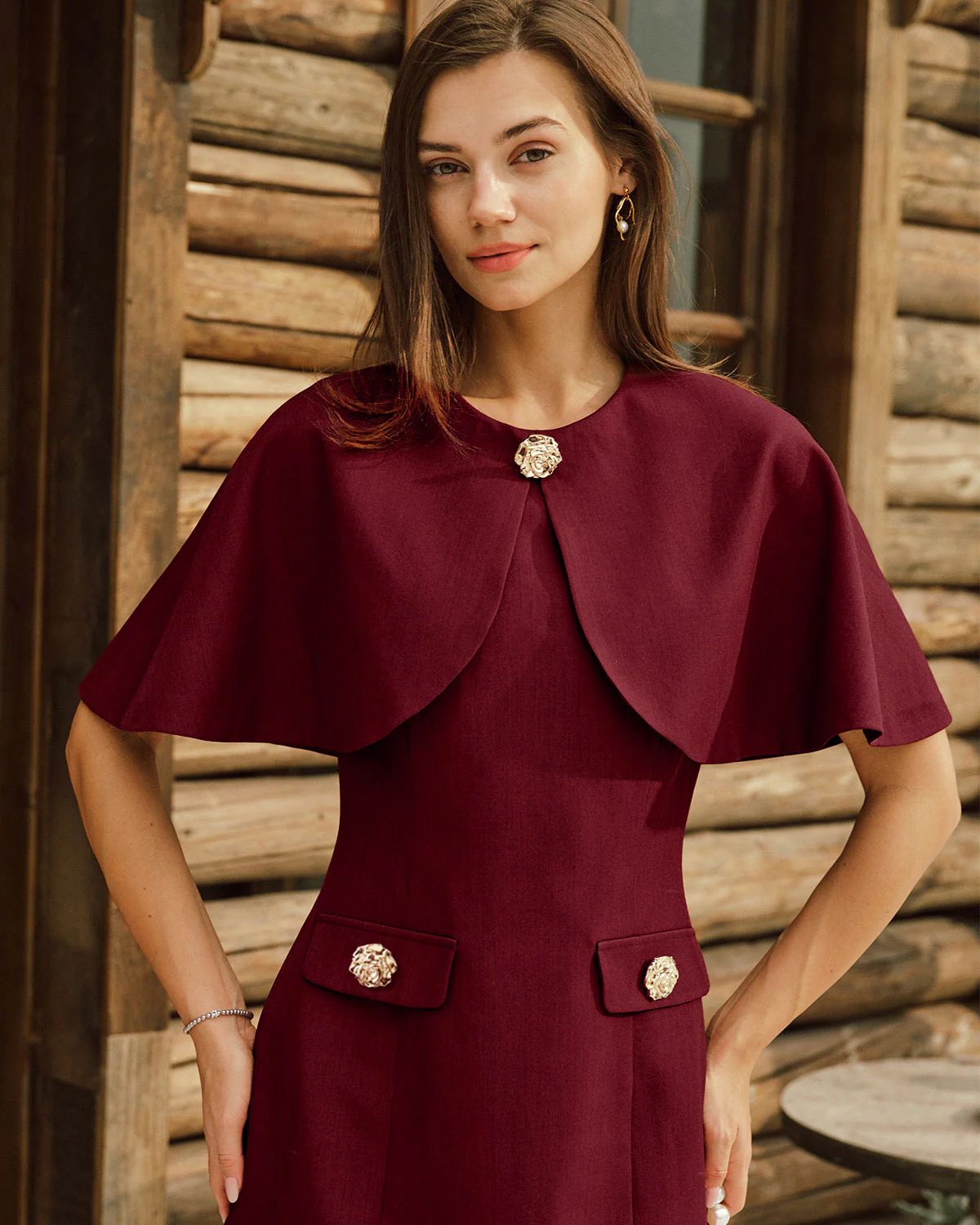 Wine Red Cape Sleeve Pocket Mini Dress - Image 2