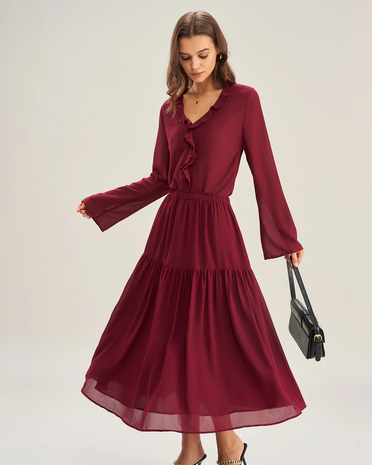 Wine Red Chiffon A-Line Midi Skirt - Image 2