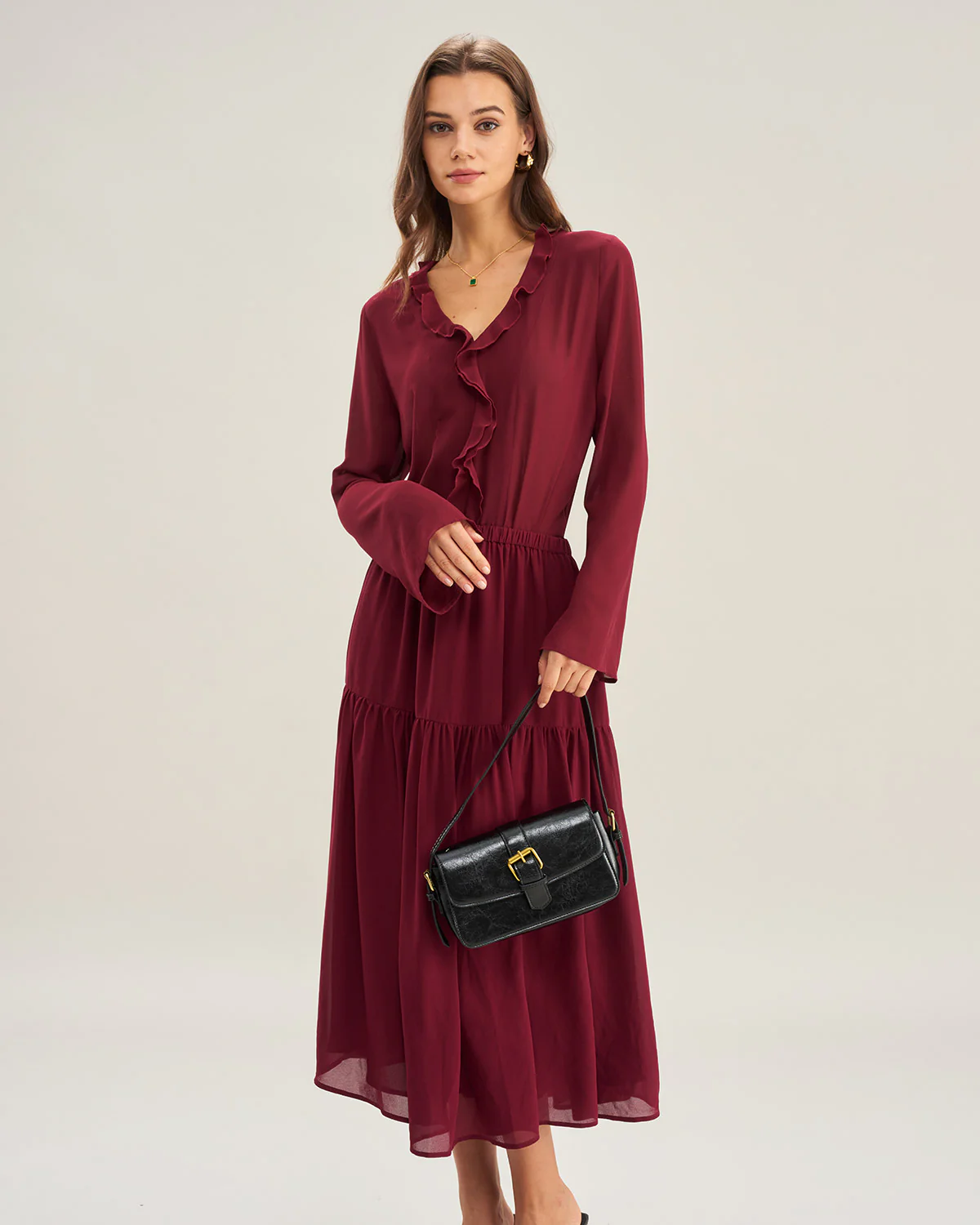 Wine Red Chiffon A-Line Midi Skirt - Image 3