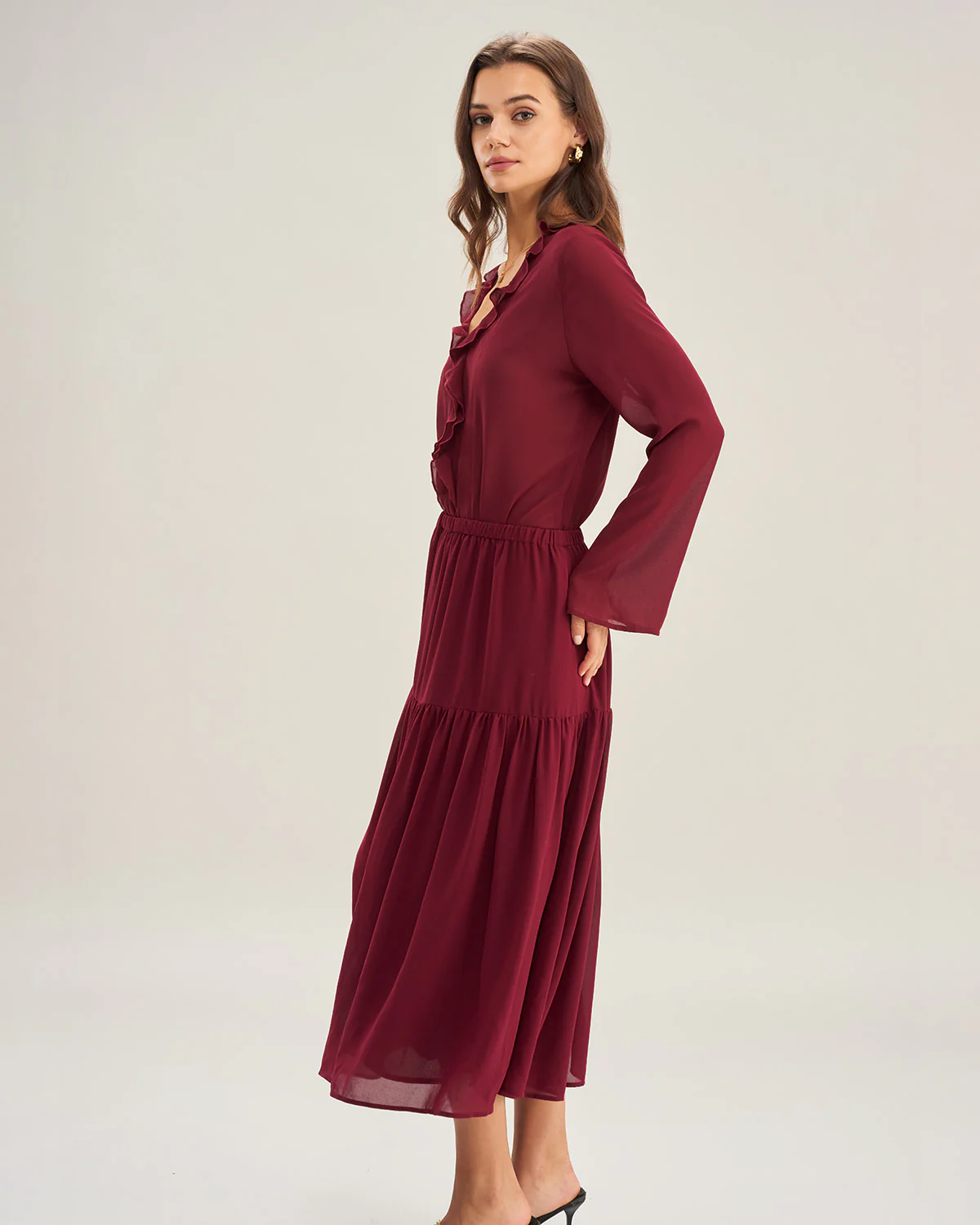 Wine Red Chiffon A-Line Midi Skirt - Image 4