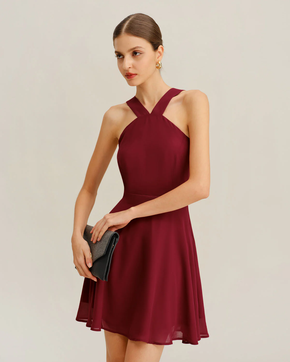 Wine Red Chiffon A-Line Sleeveless Mini Dress - Image 3