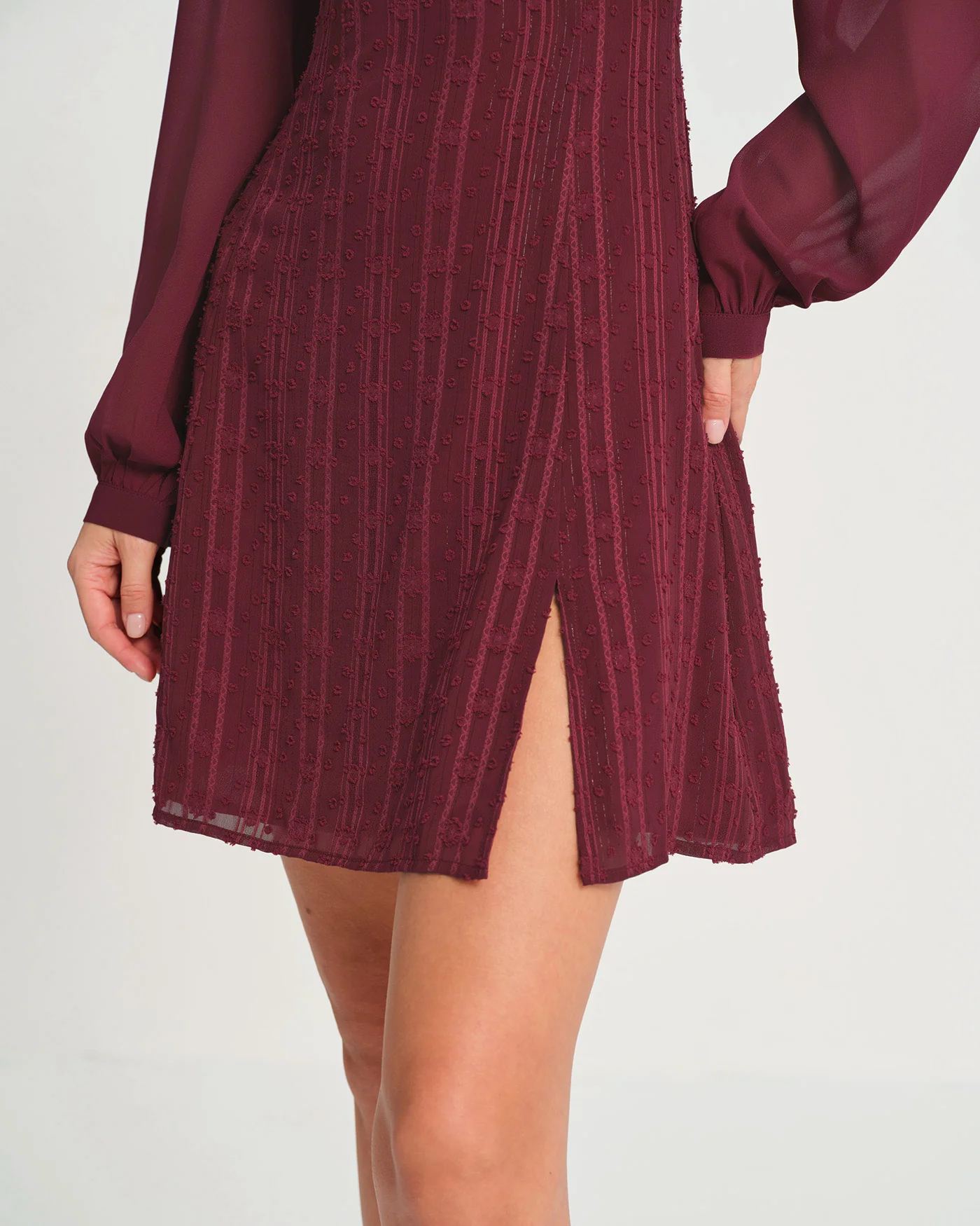 Wine Red Chiffon Mock Neck Mini Dress - Image 2