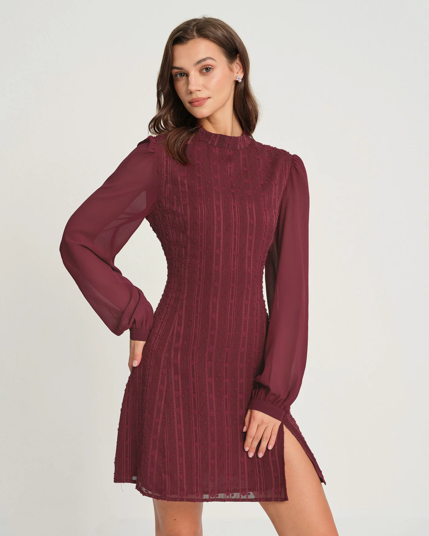 Wine Red Chiffon Mock Neck Mini Dress - Image 3