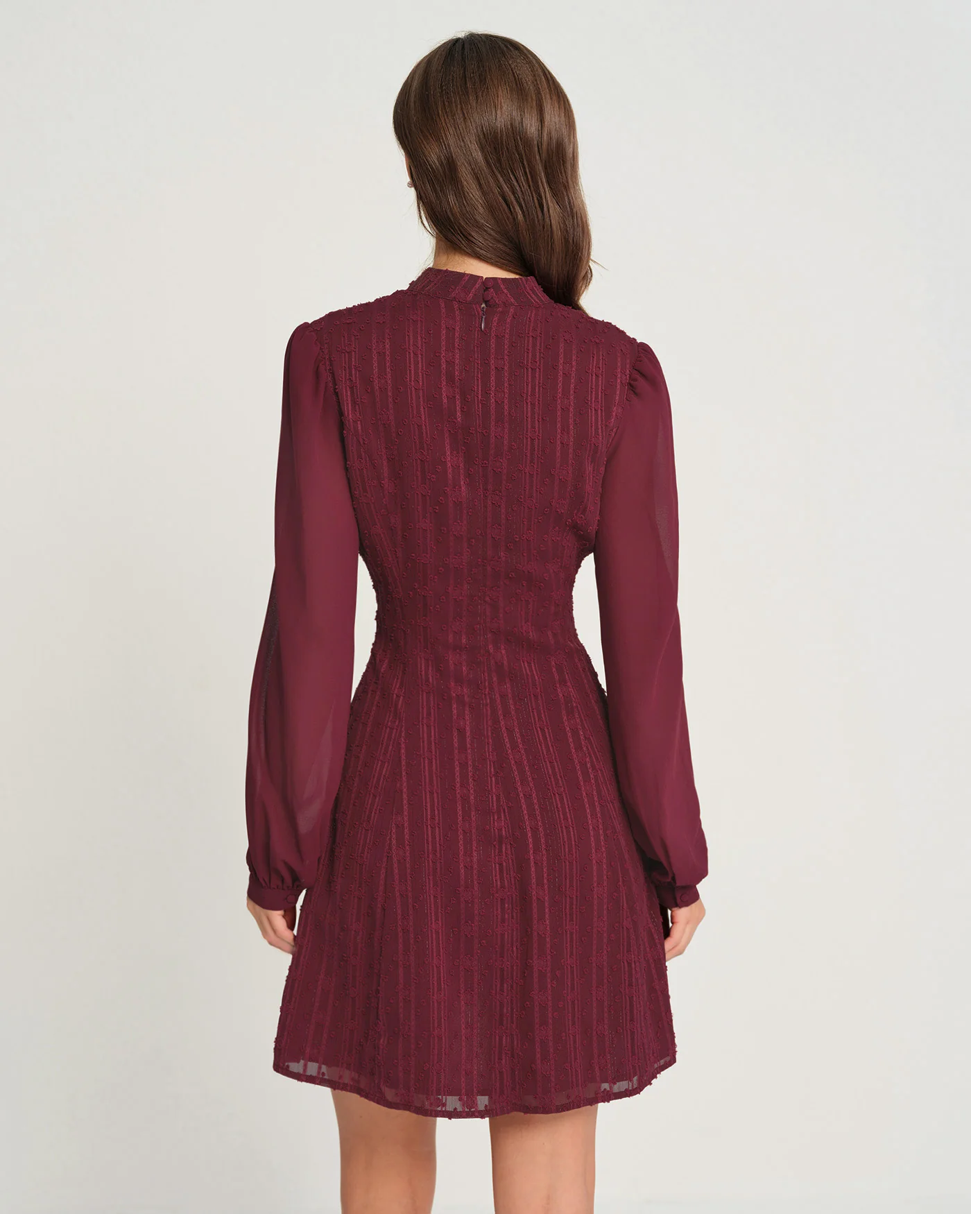 Wine Red Chiffon Mock Neck Mini Dress - Image 4