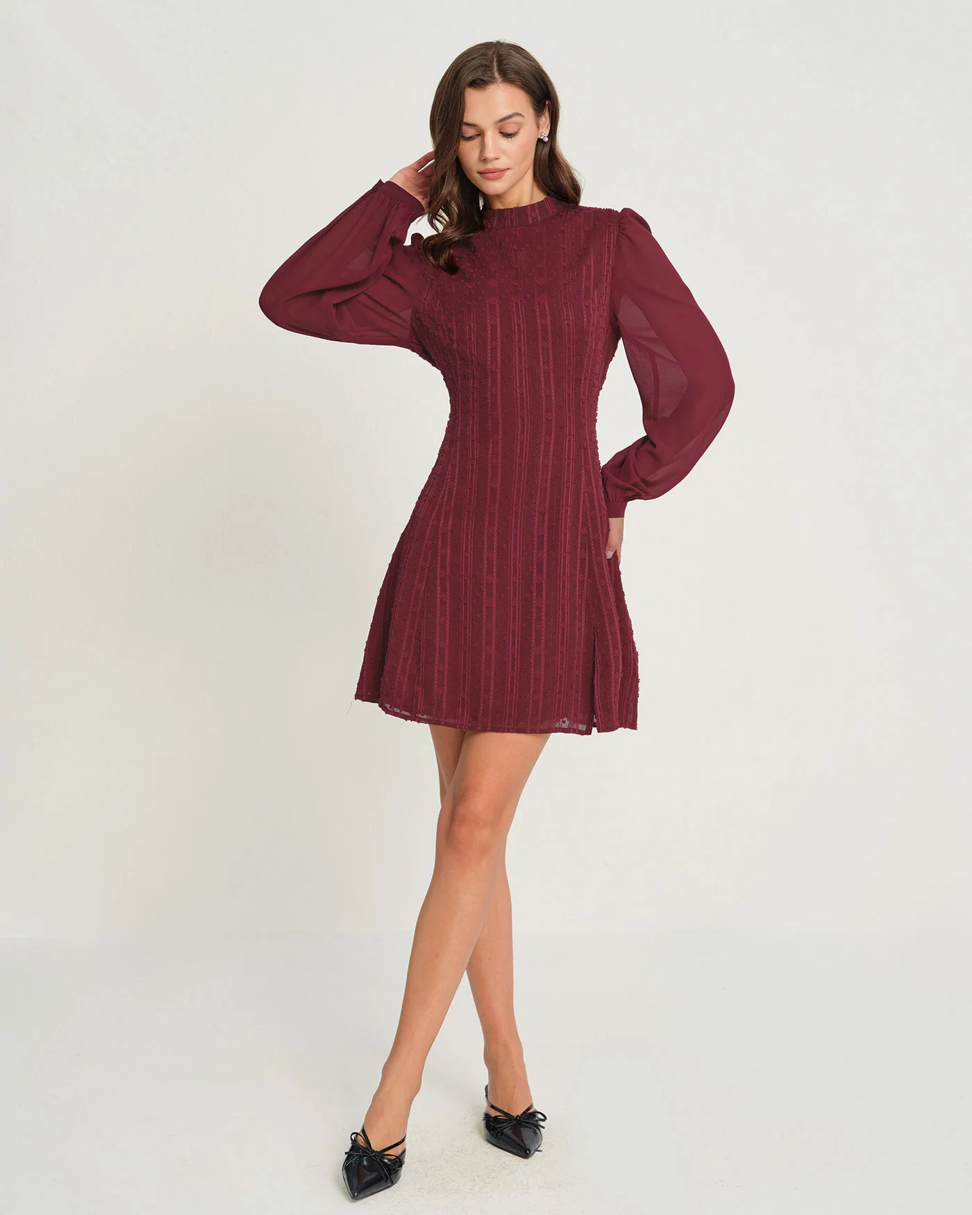 Wine Red Chiffon Mock Neck Mini Dress - Image 5