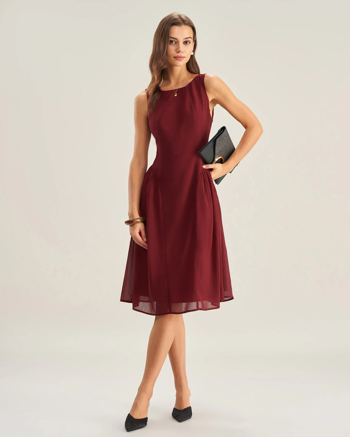 Wine Red Chiffon Sleeveless Midi Dress - Image 3