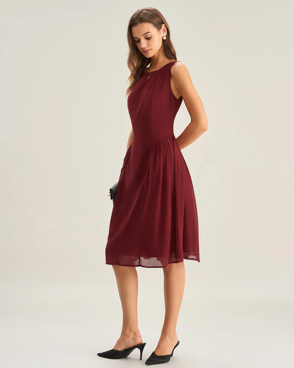 Wine Red Chiffon Sleeveless Midi Dress - Image 4