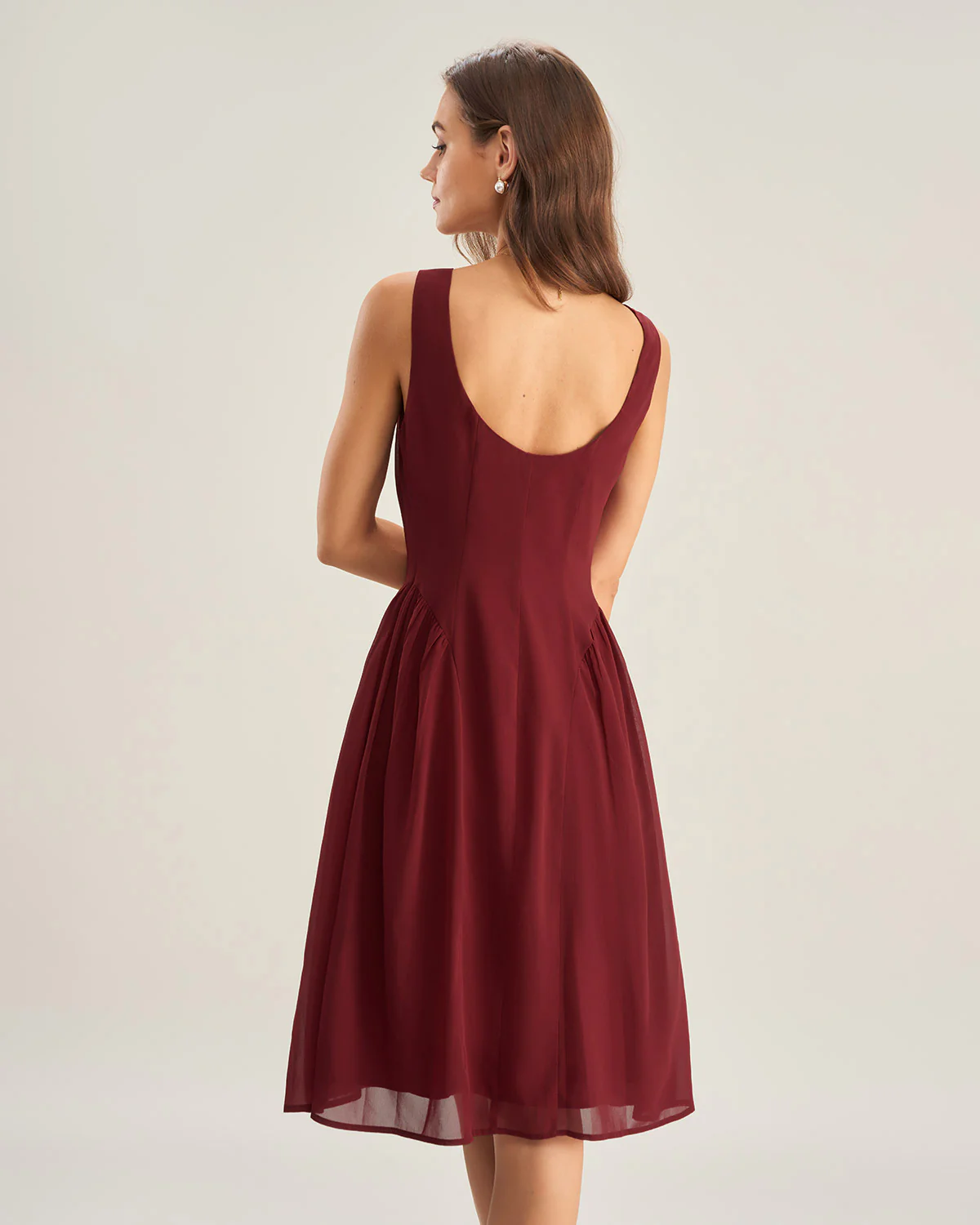 Wine Red Chiffon Sleeveless Midi Dress - Image 5
