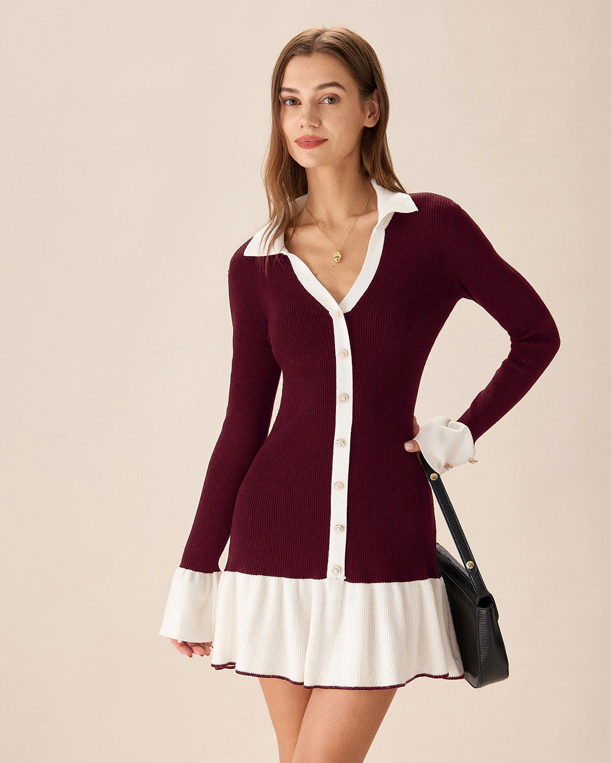 Wine Red Contrasting Sweater Dress - Image 3