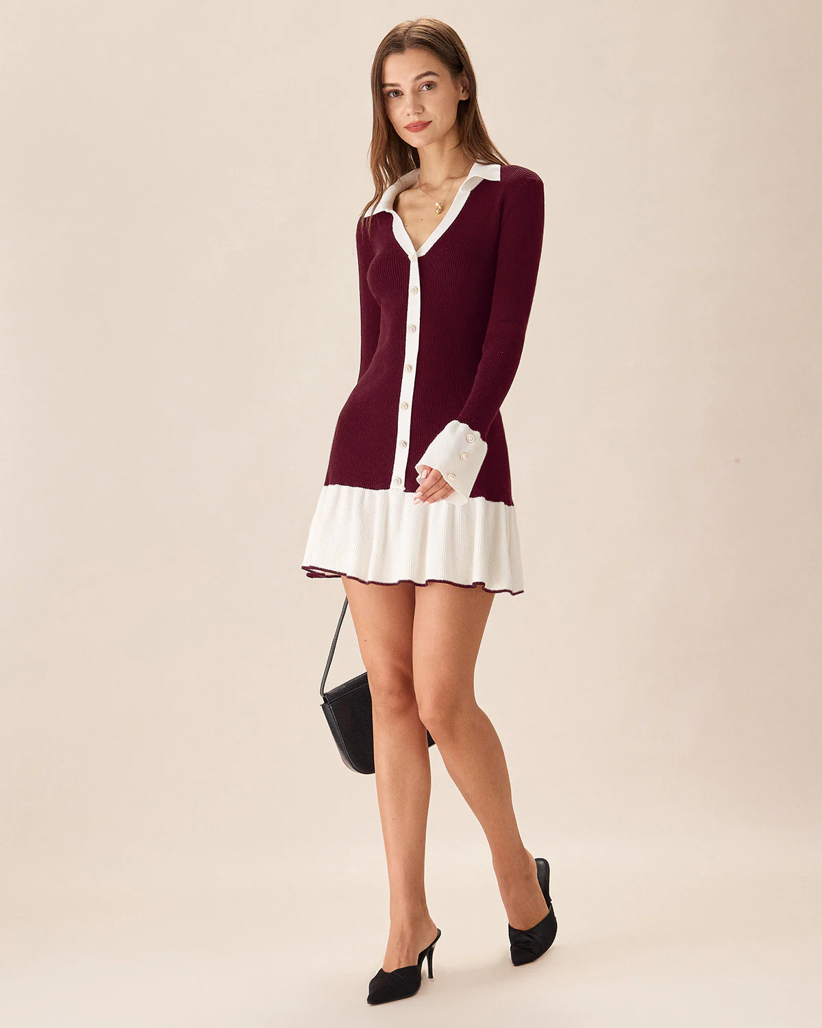 Wine Red Contrasting Sweater Dress - Image 4