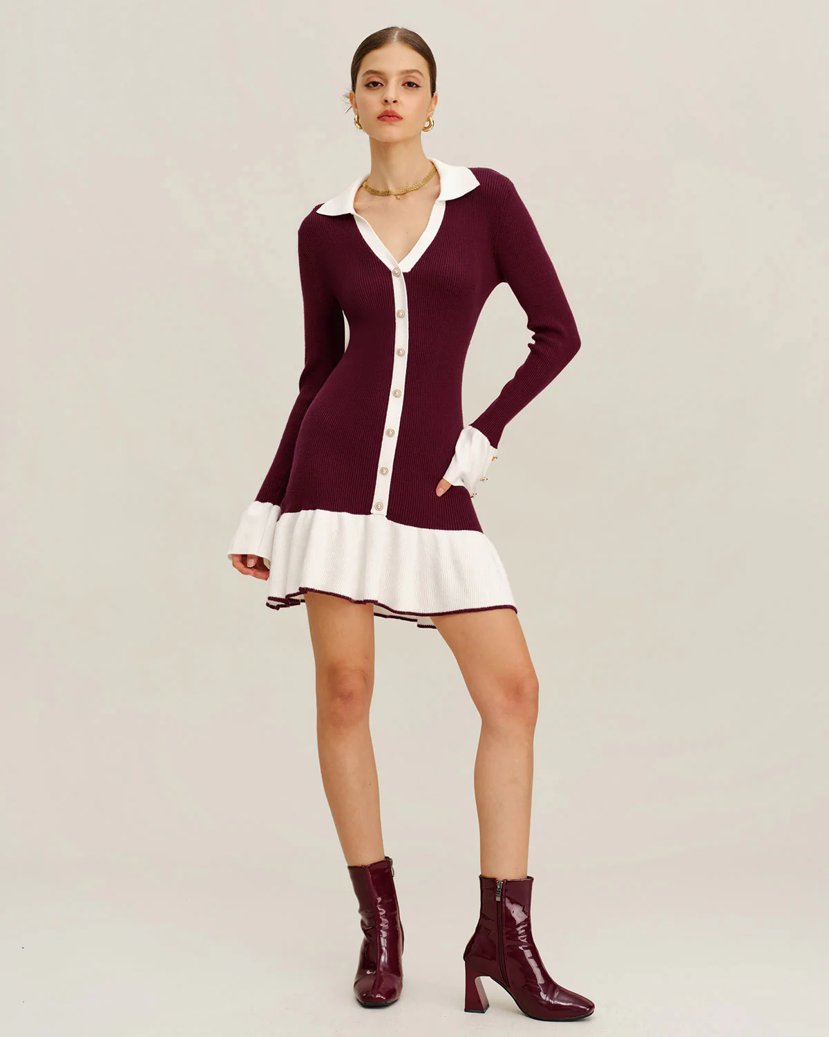Wine Red Contrasting Sweater Dress - Image 6
