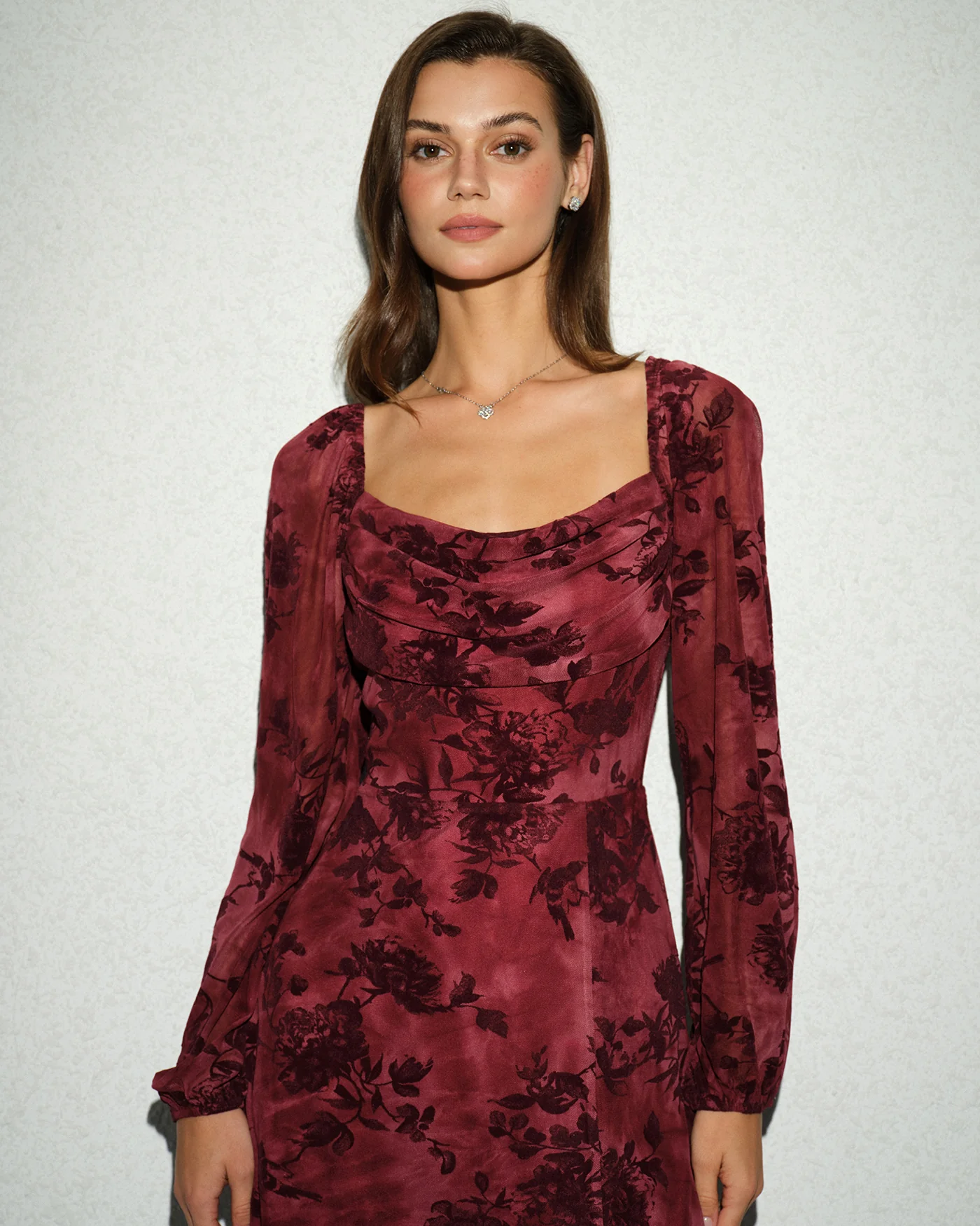 Wine Red Cowl Neck Floral Mini Dress - Image 3