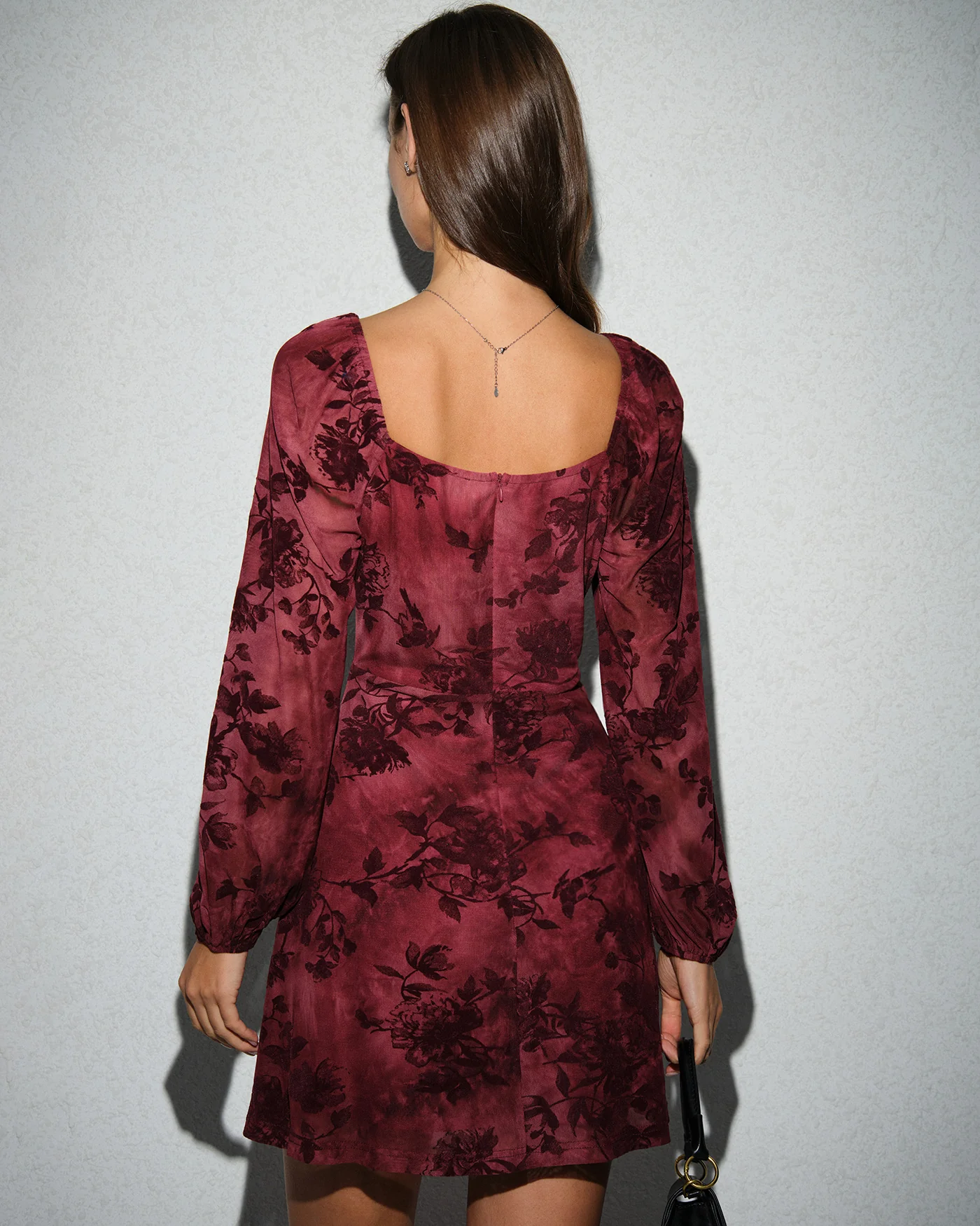 Wine Red Cowl Neck Floral Mini Dress - Image 4